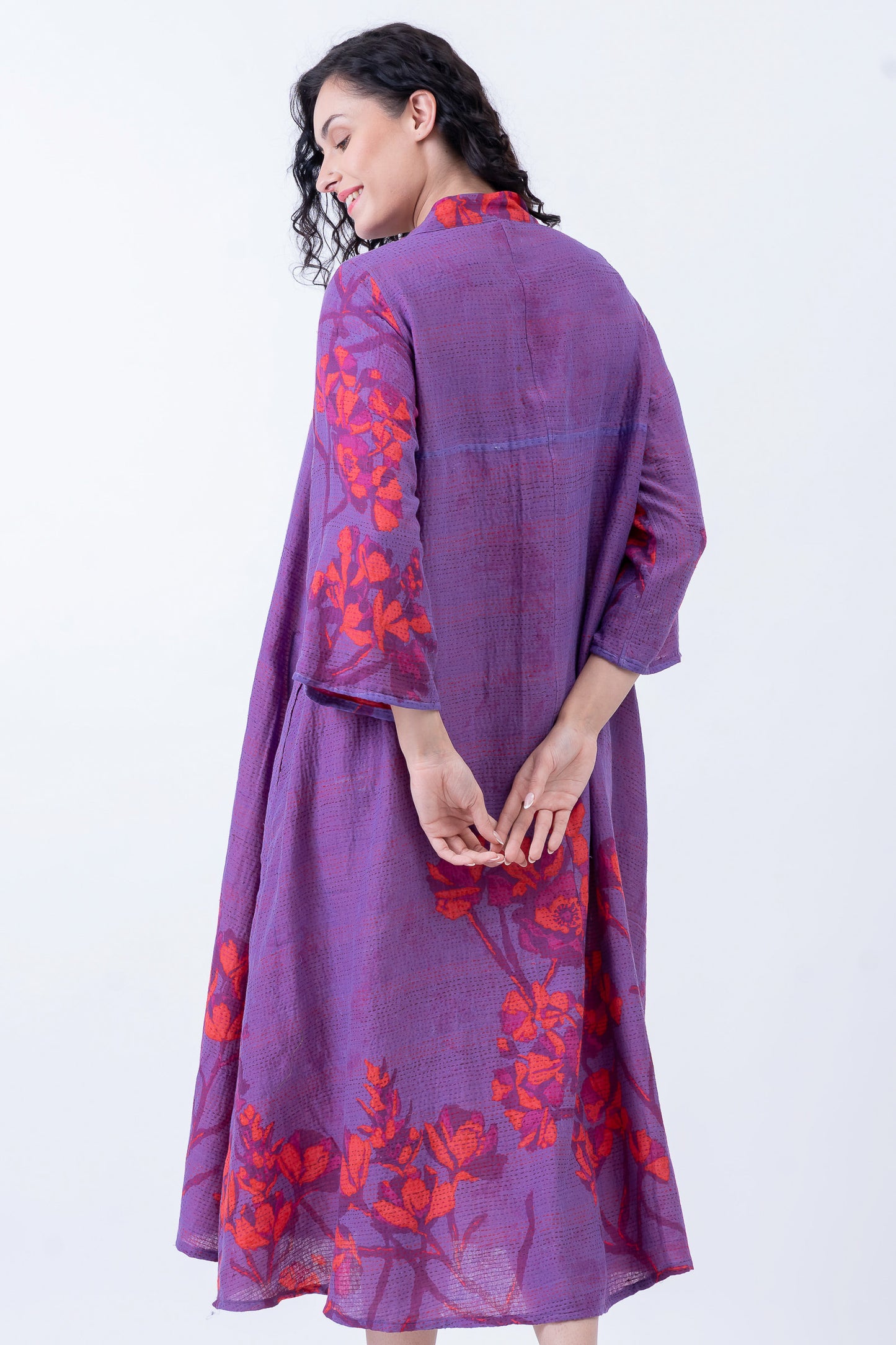 BLOOMING FLOWERS KANTHA V-NECK FLARE SLEEVE DRESS - bf2445-prp -