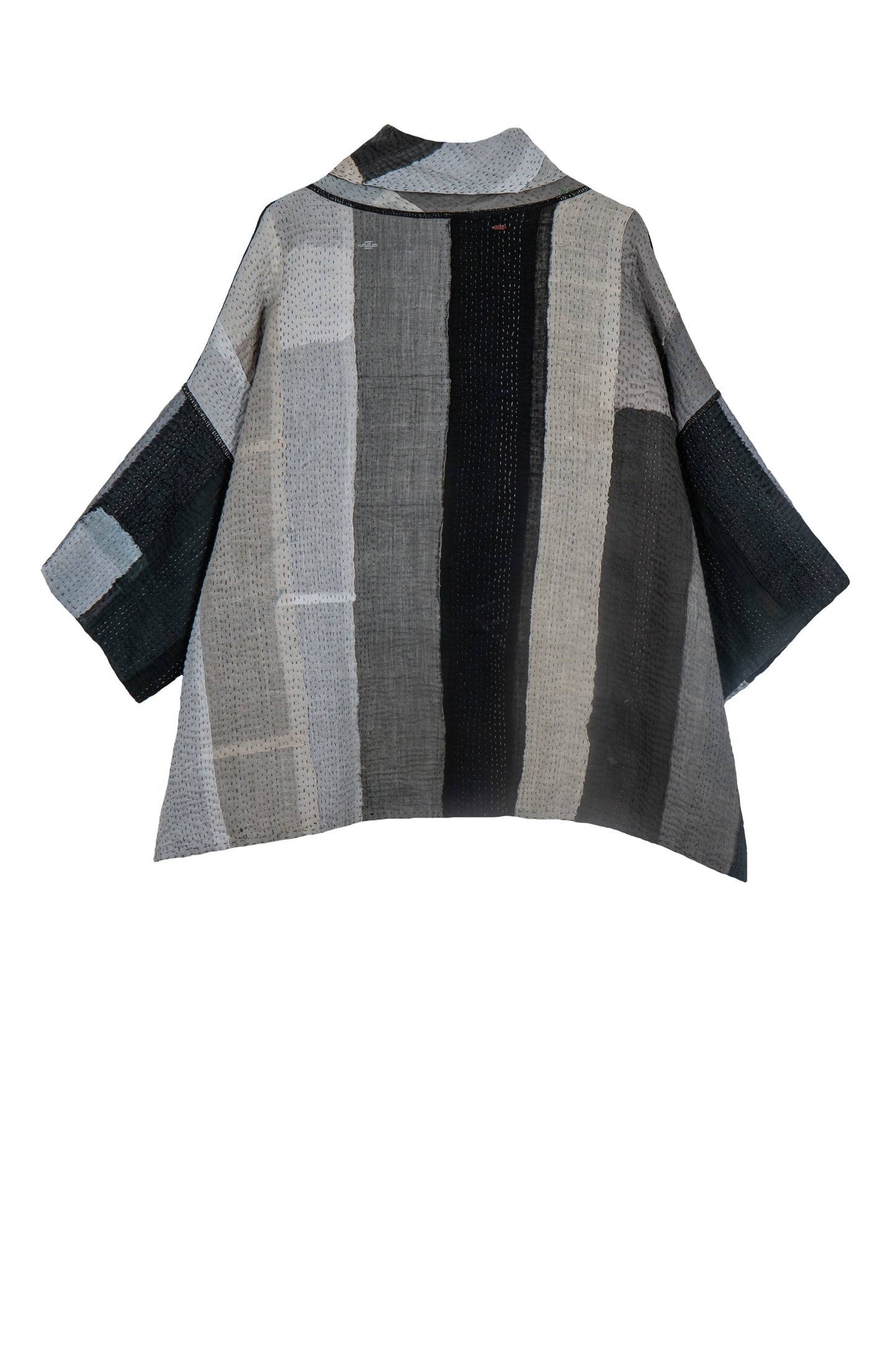 STRIPE AND CHECK COTTON SILK PATCH KANTHA COWL NECK PONCHO - ss4061-blk -