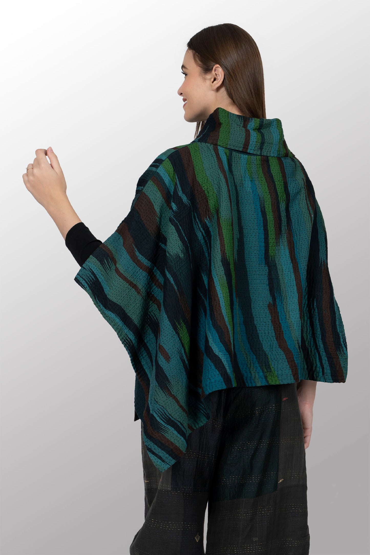 IKAT STRIPE KANTHA COWL NECK LONG CAPE - is4842-trq -