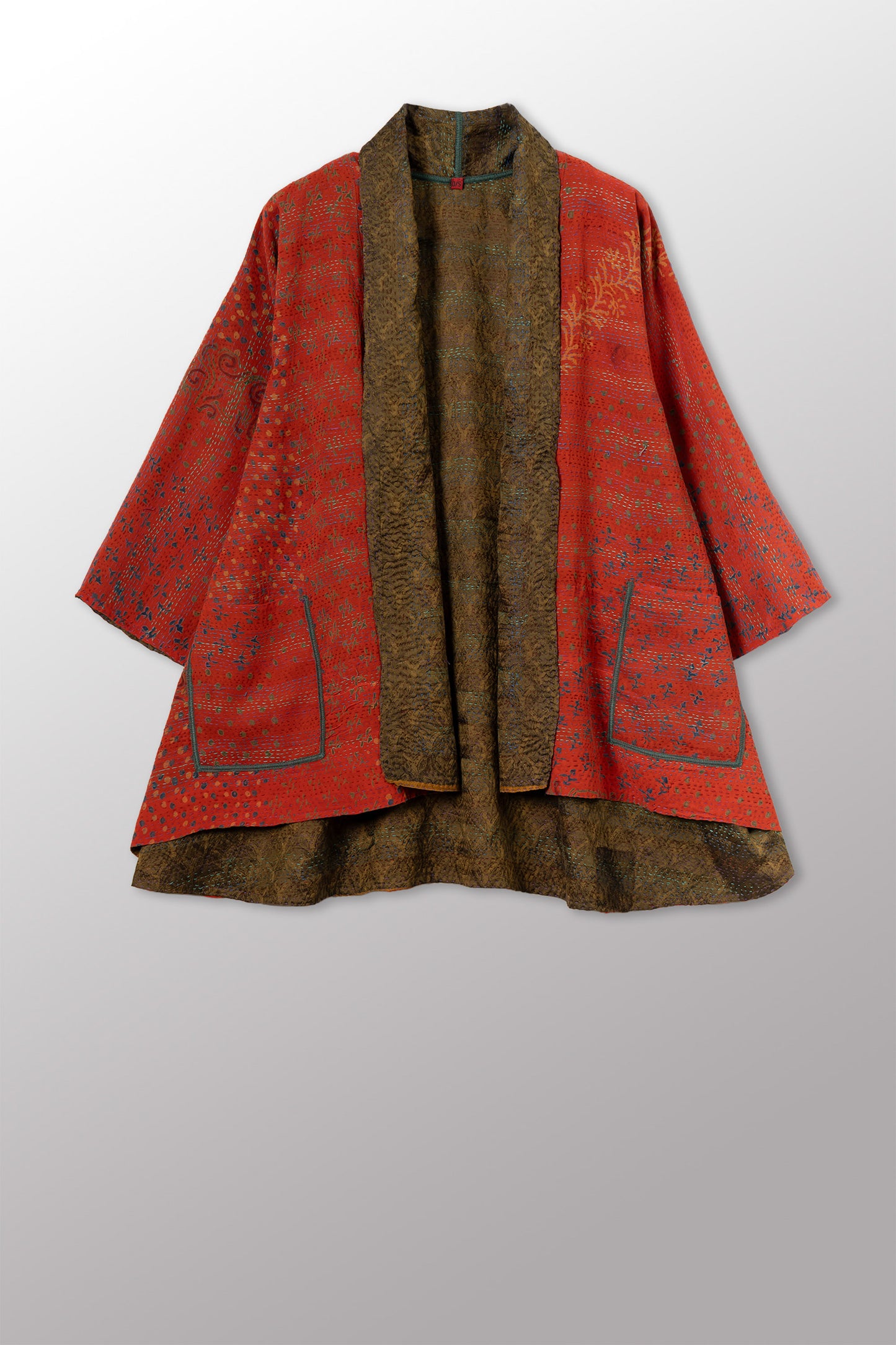 GEORGETTE JACQUARD VINTAGE SILK PATCH KANTHA KIMONO JACKET - gj2004-0003a -