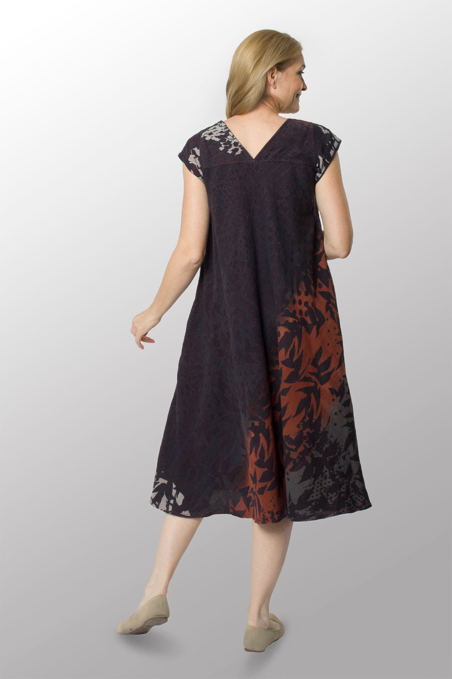 MONOTONE TWILIGHT PRINT KANTHA CAP SLV. FLARE DRESS - tp2425-red -