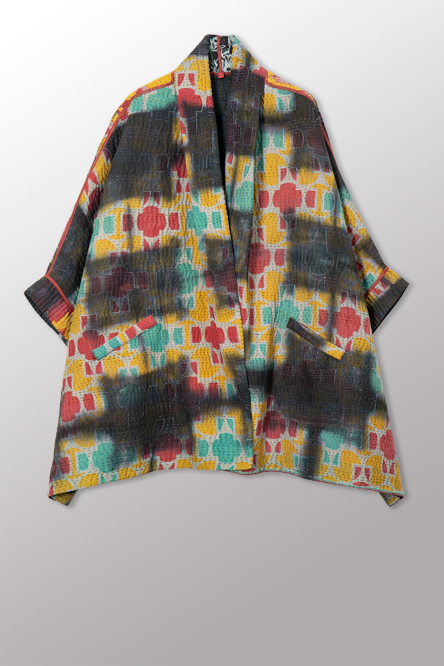 VINTAGE COTTON GREY CLAMP TIE DYE KANTHA DOUBLE COLLAR PONCHO - su4323-0001a -