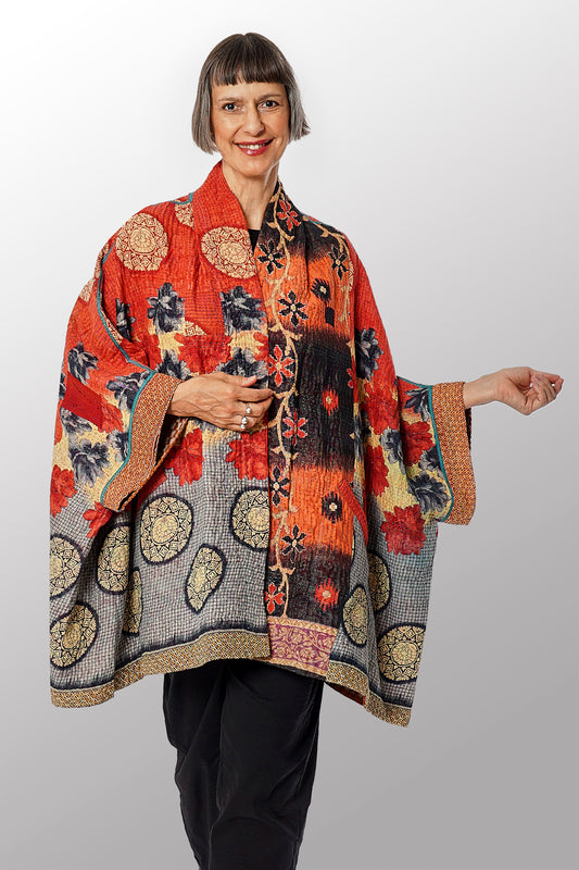 VINTAGE COTTON KANTHA DOUBLE COLLAR PONCHO - cv4323-0040a -