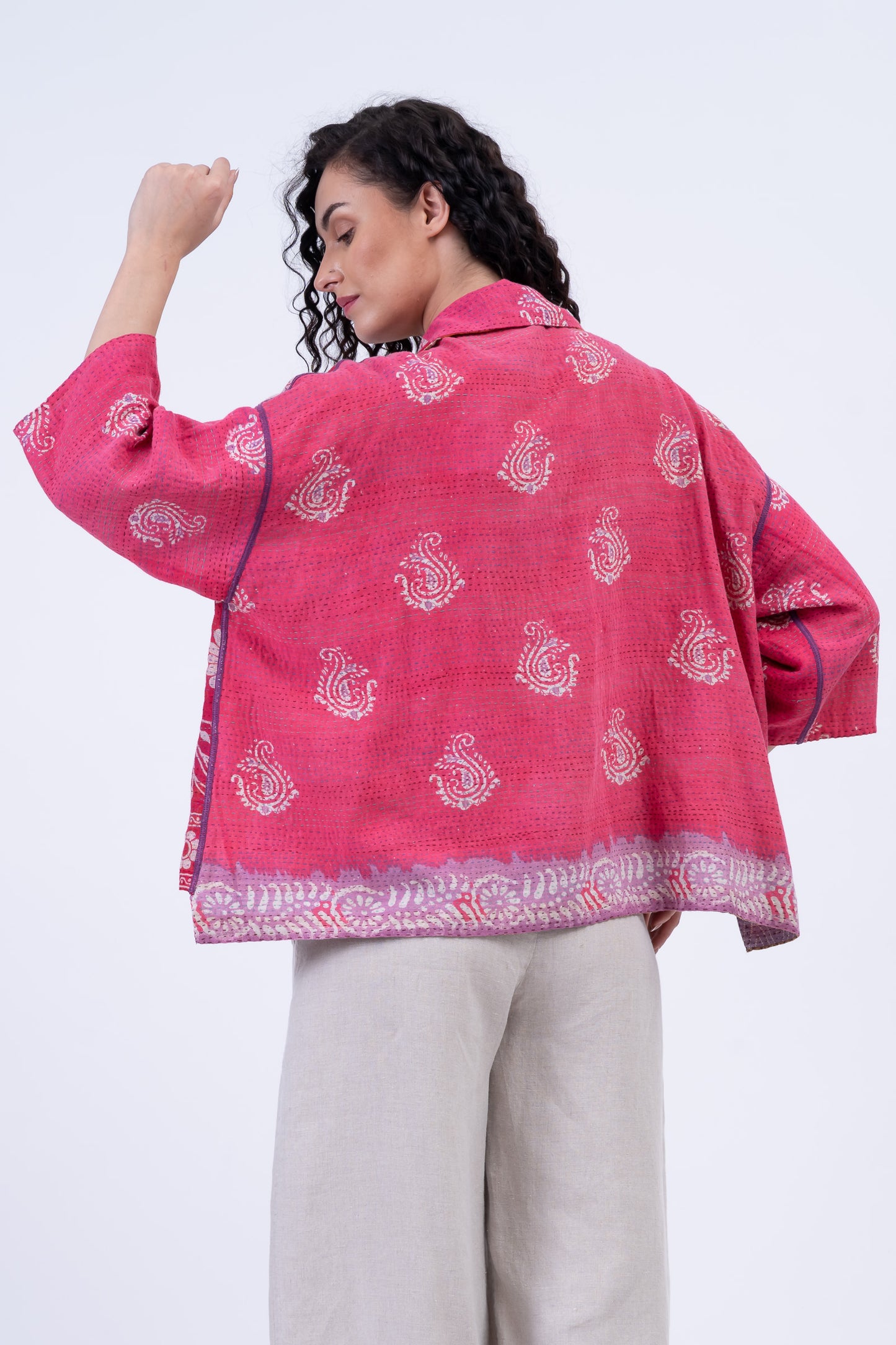 VINTAGE COTTON KANTHA CROPPED TENT SHIRT - cv2596-0002a -