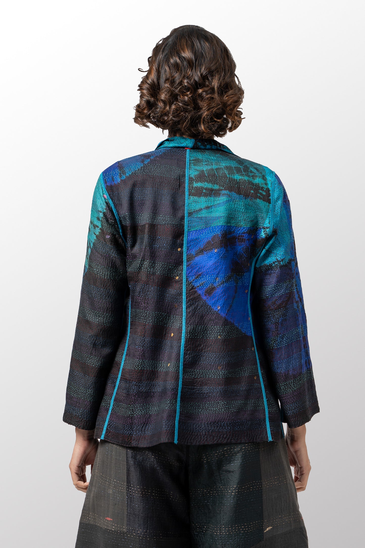 TIE DYE CIRCLE SHIBORI KANTHA SHORT JACKET - td2007-blu -