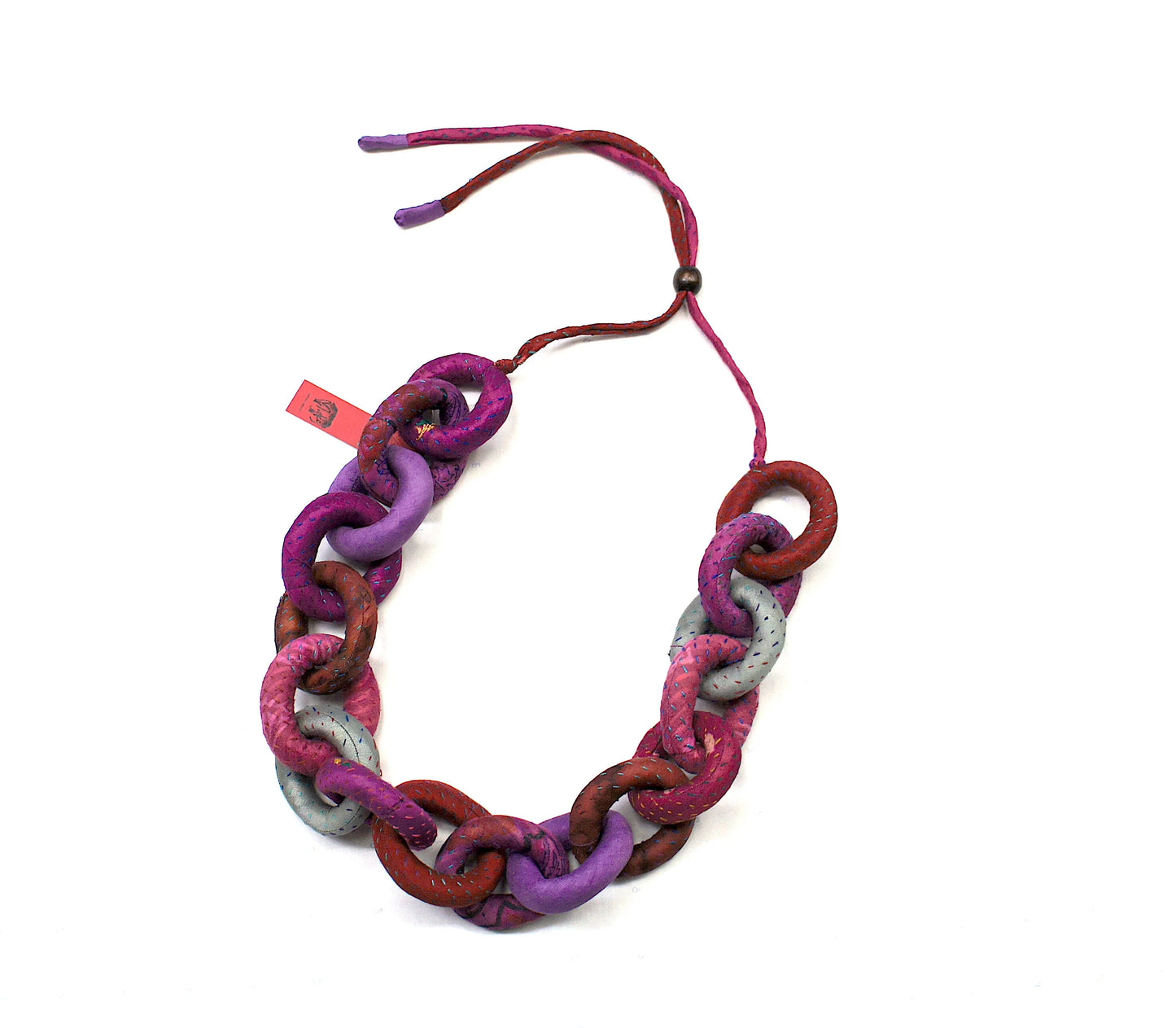 VINTAGE SILK KANTHA CHAIN NECKLACE - sv2724-pik -
