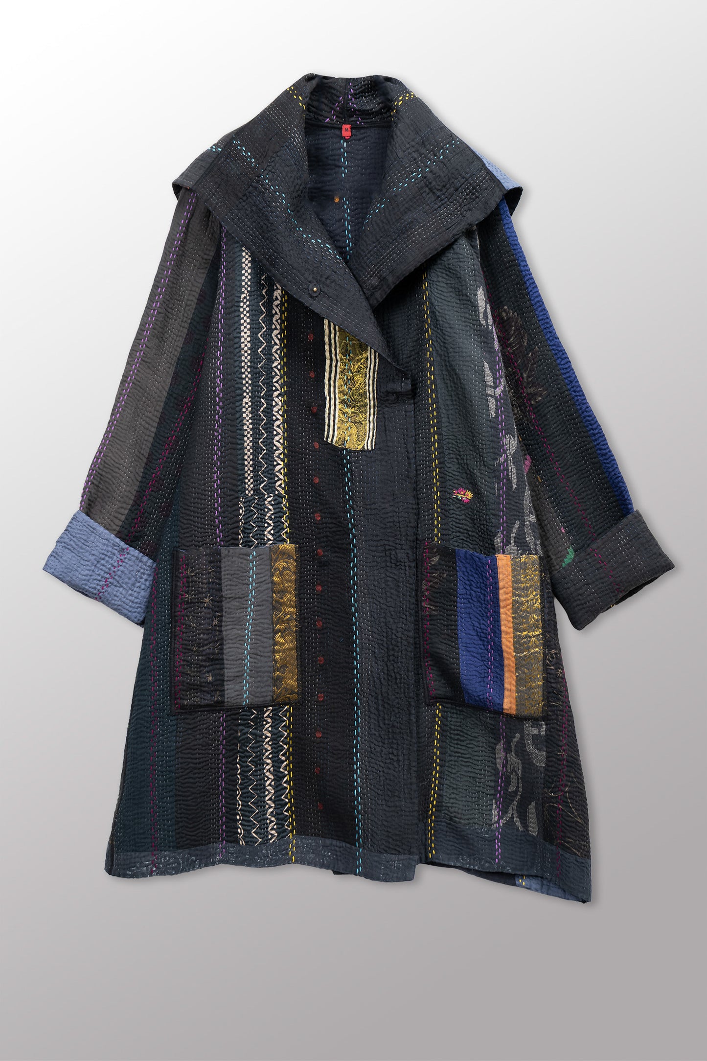 JEWEL WOVEN WITH VERTICAL PATCH KANTHA POCKET MEDIUM COAT - jv4316-blk -