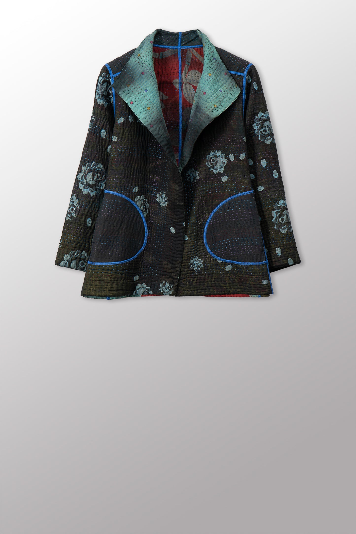 VINTAGE COTTON GREY CLAMP TIE DYE KANTHA SHORT JACKET - su4007-0002s -