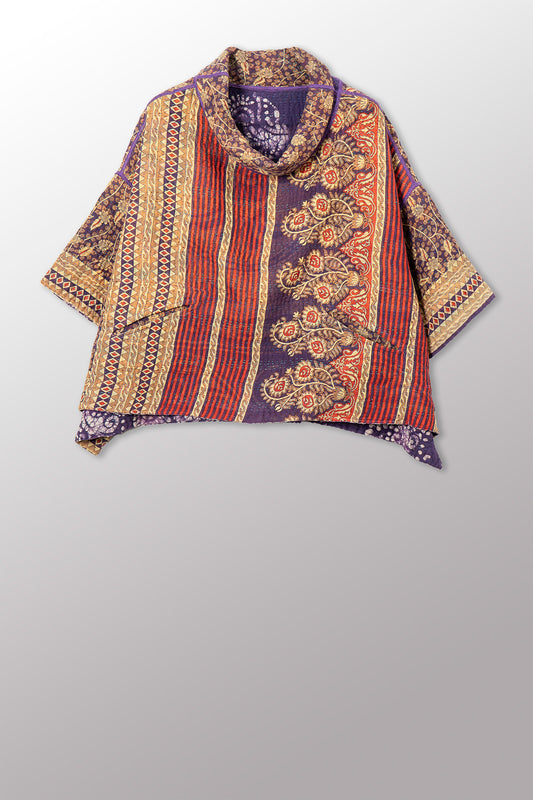 VINTAGE COTTON KANTHA COWL NECK PONCHO - cv4061-0034a -