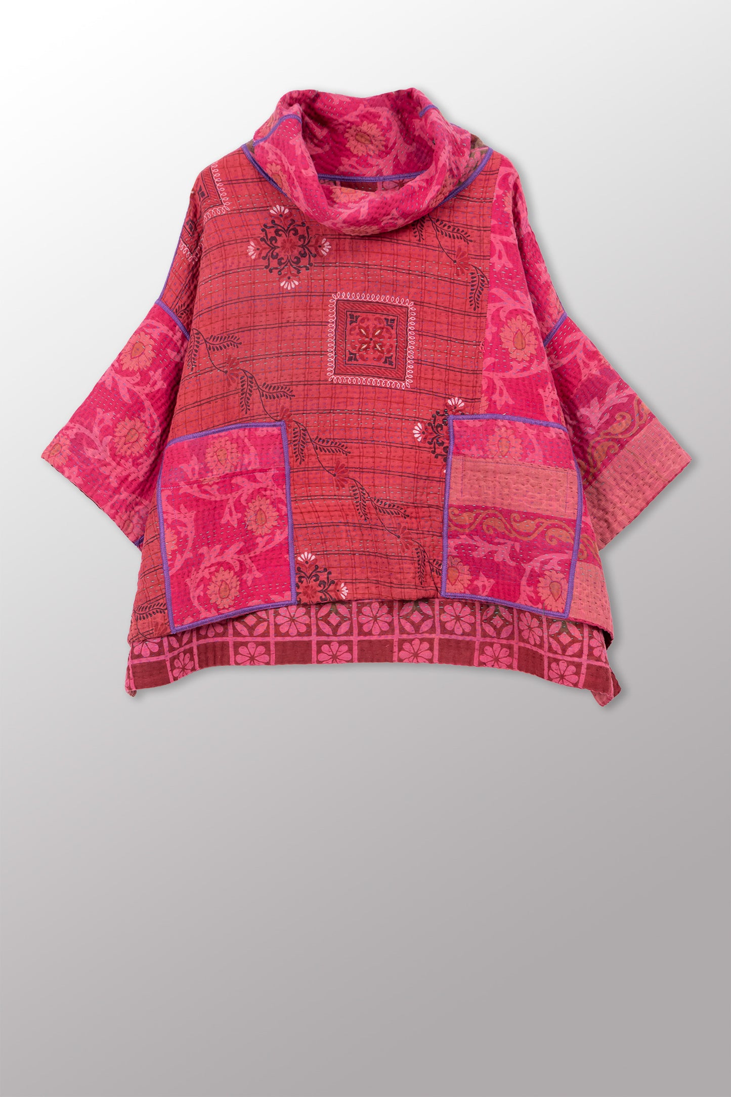 COTTON OVERDYE KANTHA COWL NECK PONCHO - ov4061-cpik001a -
