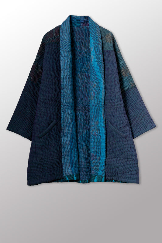 QUILTED OVERDYE COTTON KANTHA HAORI JACKET - oq5068-cblu001a -