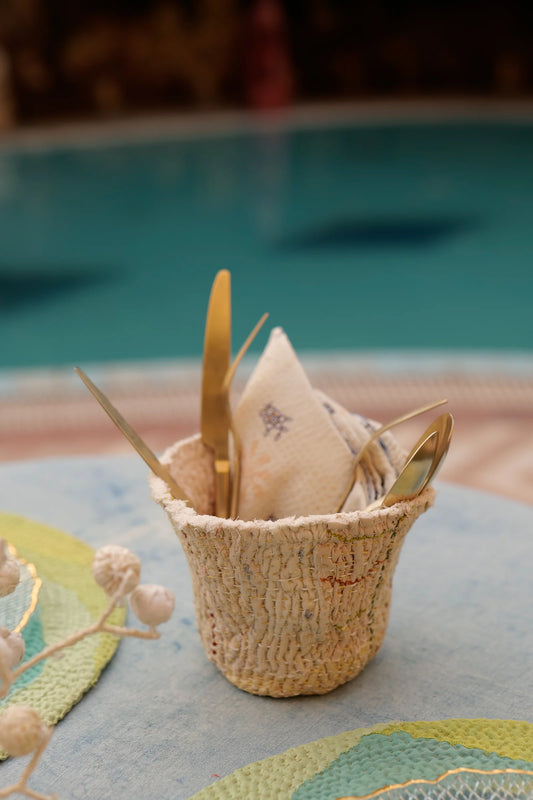 Handcrafted Kantha (metallic kantha) Deep Bowl -Ivory