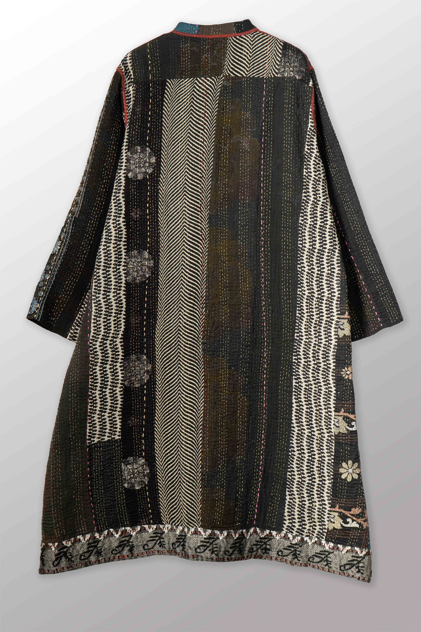 STRIPE RALLIS KANTHA KAFTAN COAT - pr4343-blk -