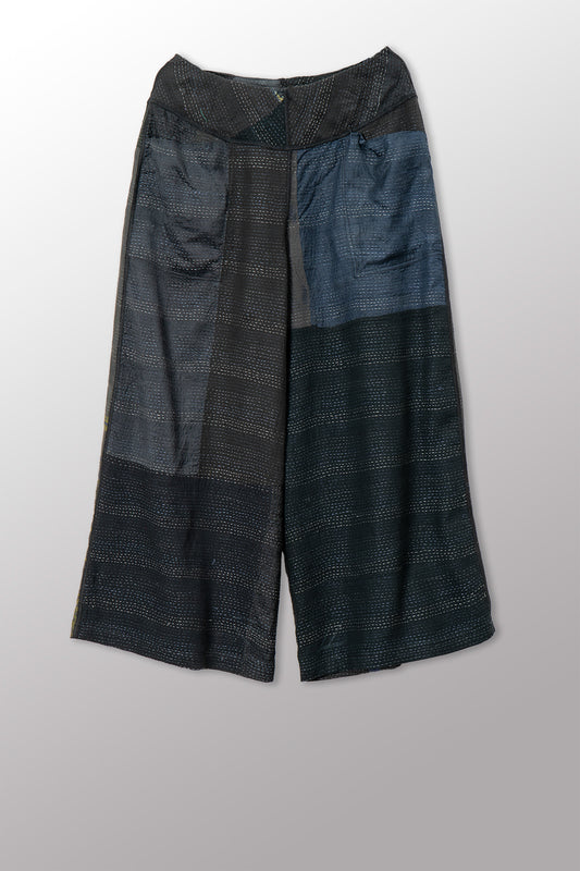JAIPUR PATCH KANTHA MID RISE WIDE LEG PANTS - jp2665-blk -