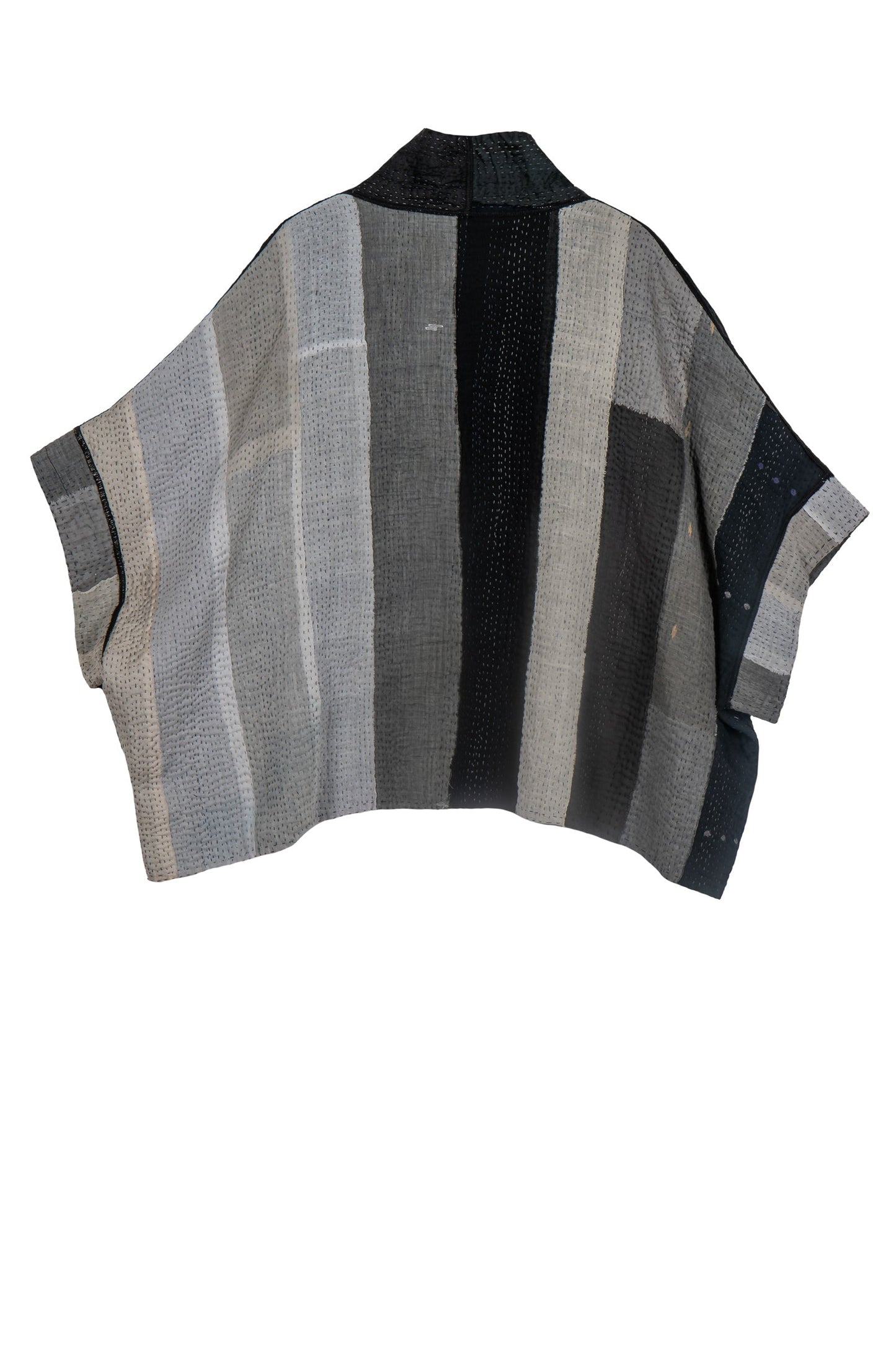 STRIPE AND CHECK COTTON SILK PATCH KANTHA MINI PONCHO - ss4060-blk -