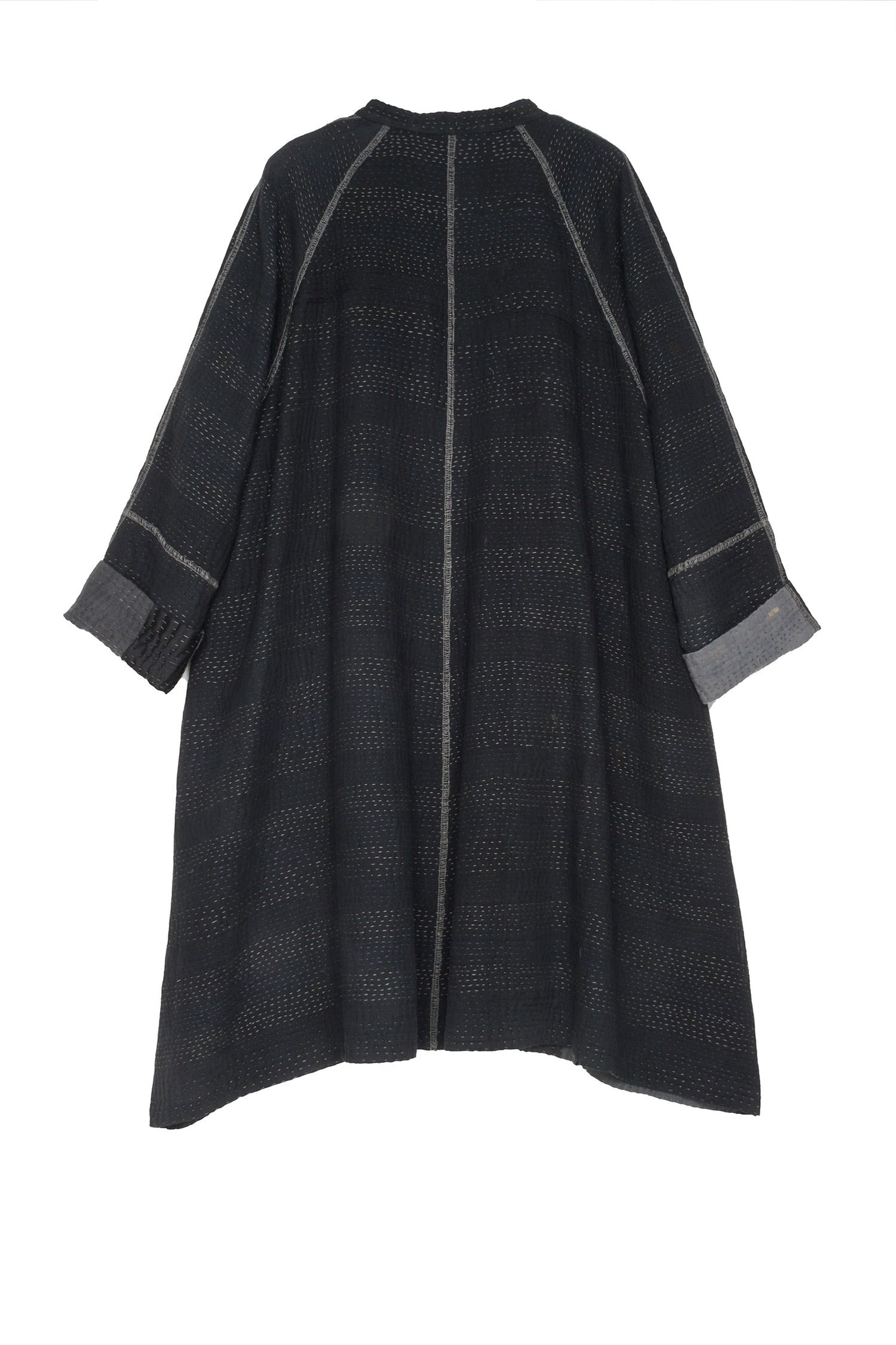 TWO TONE PATCH KANTHA BAND COLLAR DUSTER - tn4327-blk -