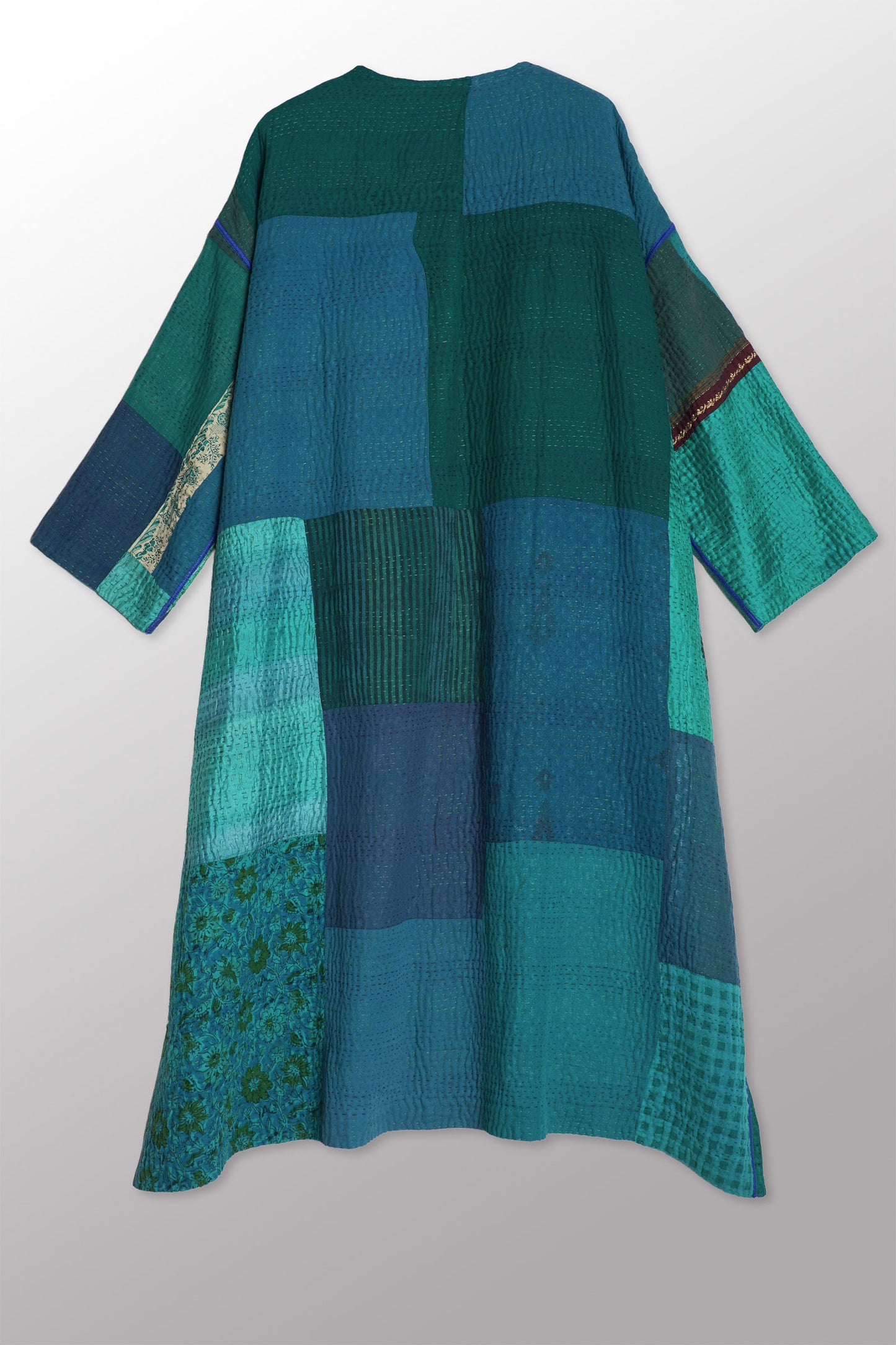 COTTON SILK SW PATCH KANTHA LONG DUSTER - ws4328-tel -