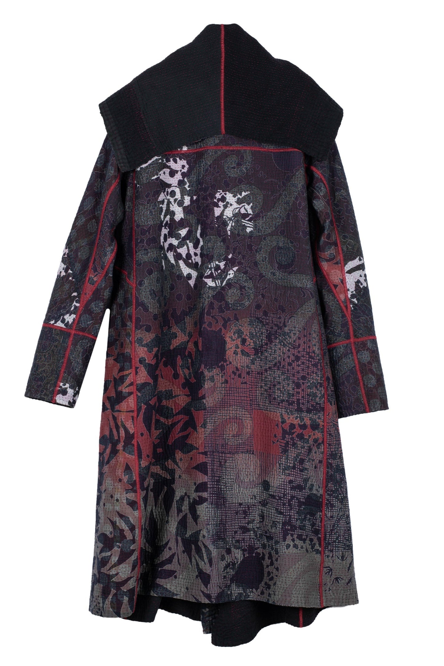 MONOTONE TWILIGHT PRINT KANTHA A-LINE LONG COAT - tp4302-red -