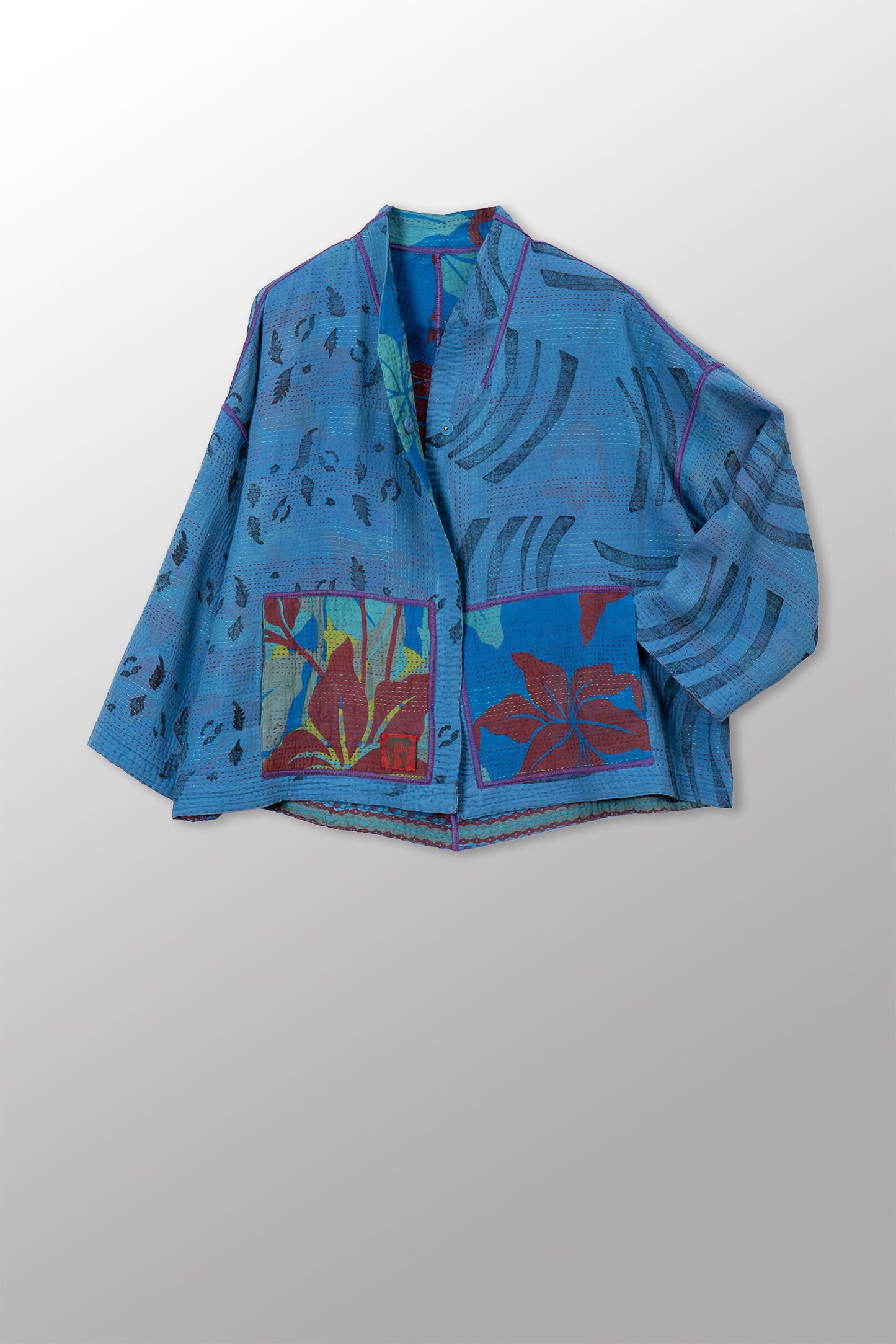 VINTAGE COTTON & NEW VOILE KANTHA STAND COLLAR CROPPED JACKET - cn2034-0003a -
