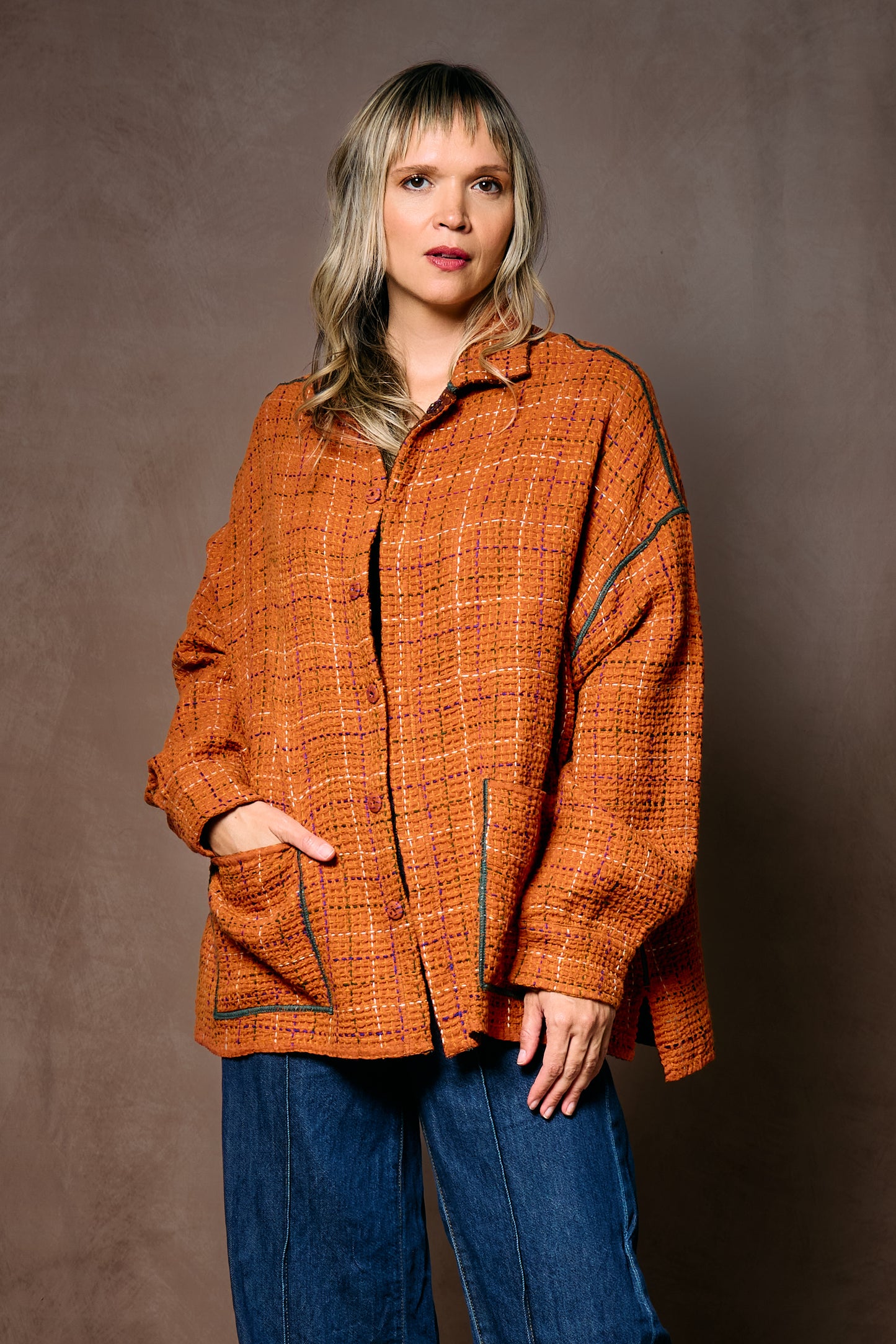 WOOL WAFFLE KANTHA RELAXED SHIRT JACKET - ww3j105-org -