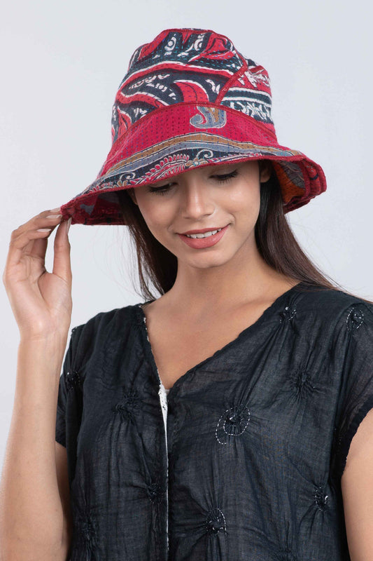VINTAGE COTTON KANTHA CIRCULAR CUT BRIM HAT - cv2882-red -