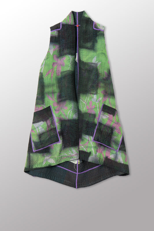 VINTAGE COTTON GREY CLAMP TIE DYE KANTHA A-LINE VEST - su4203-0001a -