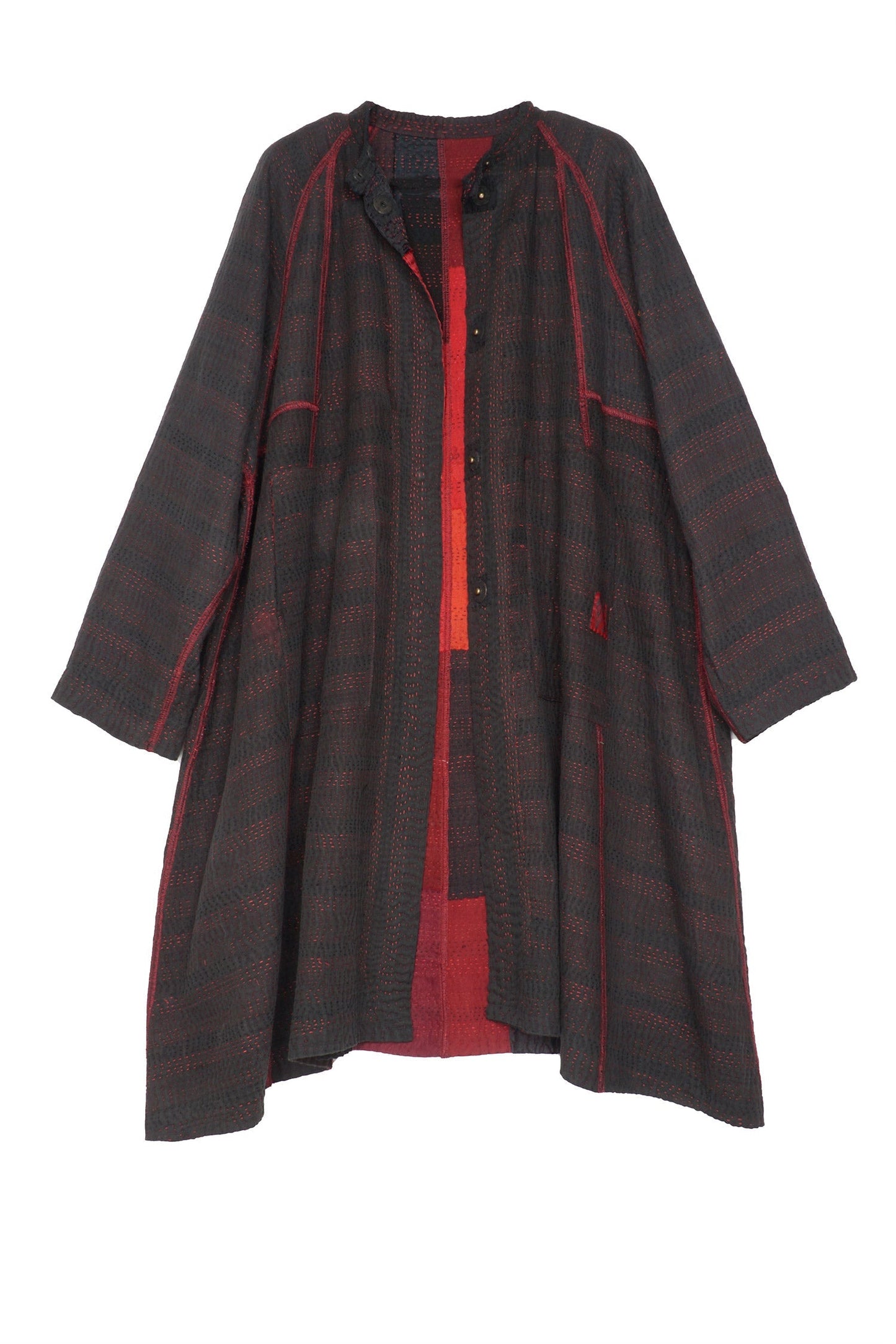 TWO TONE PATCH KANTHA BAND COLLAR DUSTER - tn4327-red -