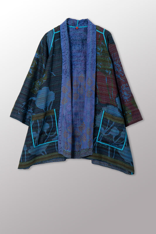 VINTAGE SILK GEORGETTE COTTON KANTHA A-LINE JKT - gc2003-0040a -