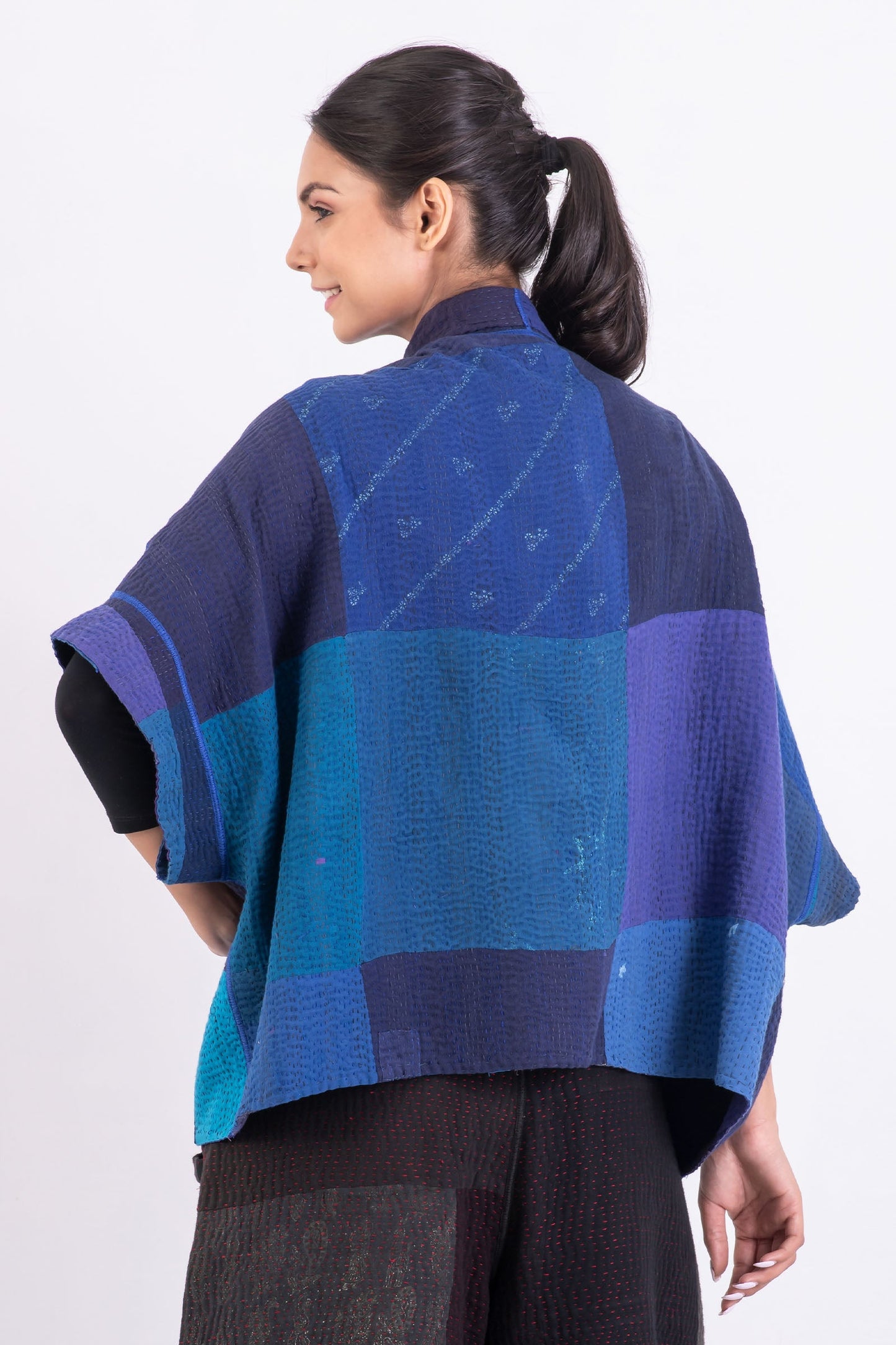 STRIPE AND CHECK COTTON SILK PATCH KANTHA MINI PONCHO - ss4060-blu -