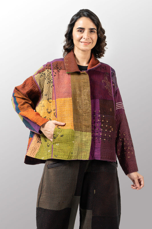 OMBRE PATCHED GOLD STAMP KANTHA CROPPED SHIRT JACKET - og4075-mlt -