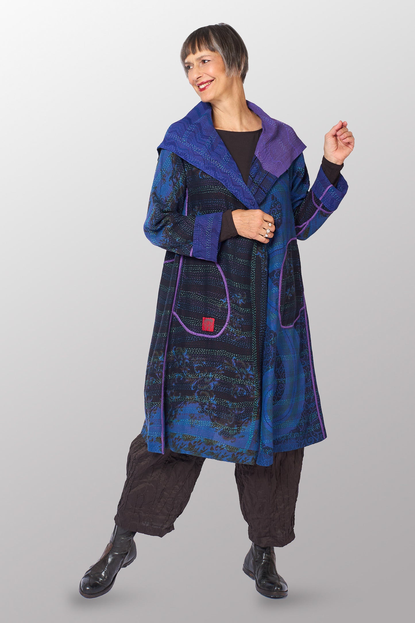 VINTAGE SILK GEORGETTE COTTON KANTHA A-LINE COAT - gc2309-0002a -