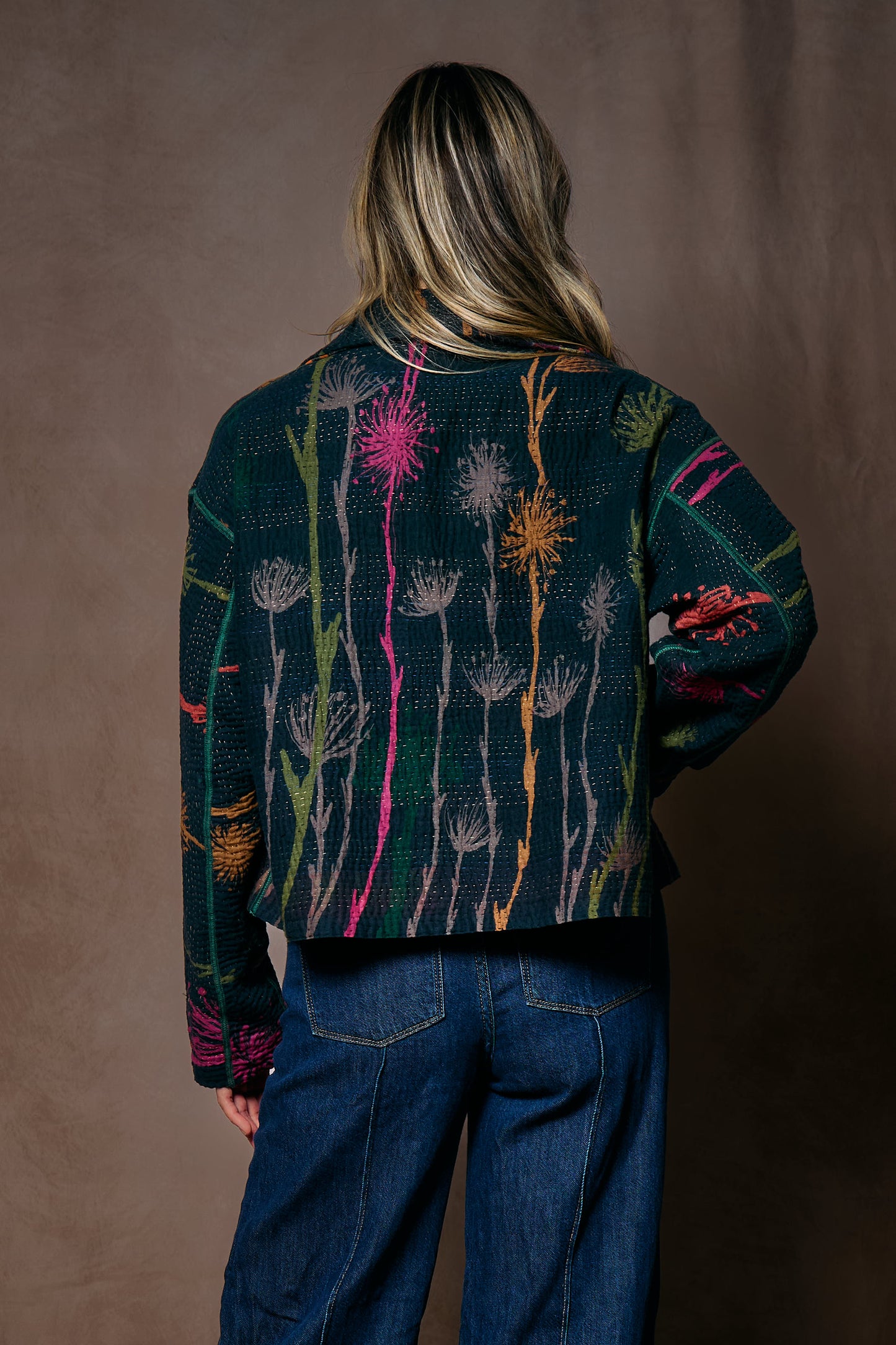 FLOWER PRINT WITH CHECKERED PATCH NEW LAPELED SHORT JACKET - fc4j101-blk -