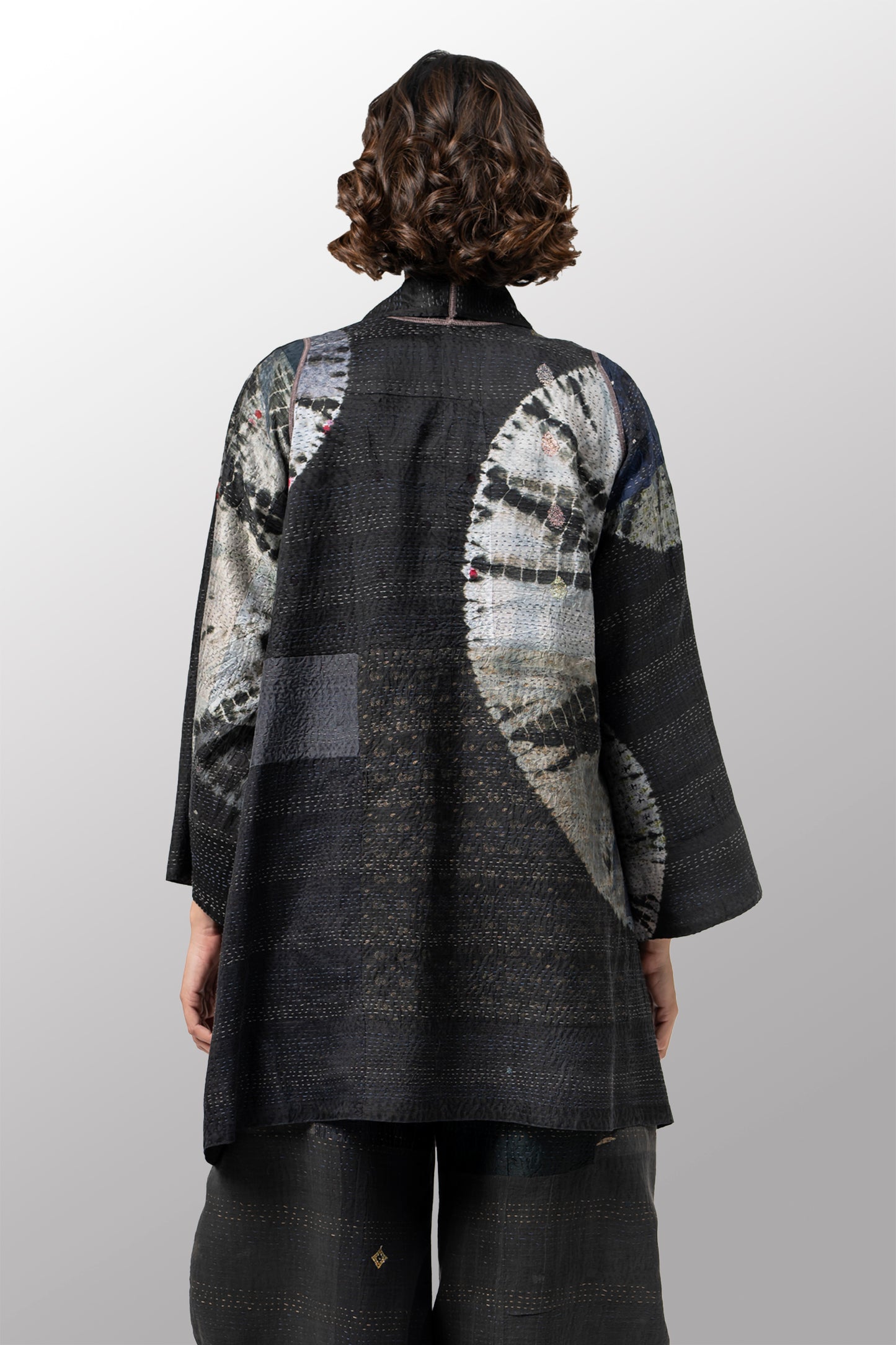 TIE DYE CIRCLE SHIBORI KANTHA A-LINE JACKET - td2003-blk -
