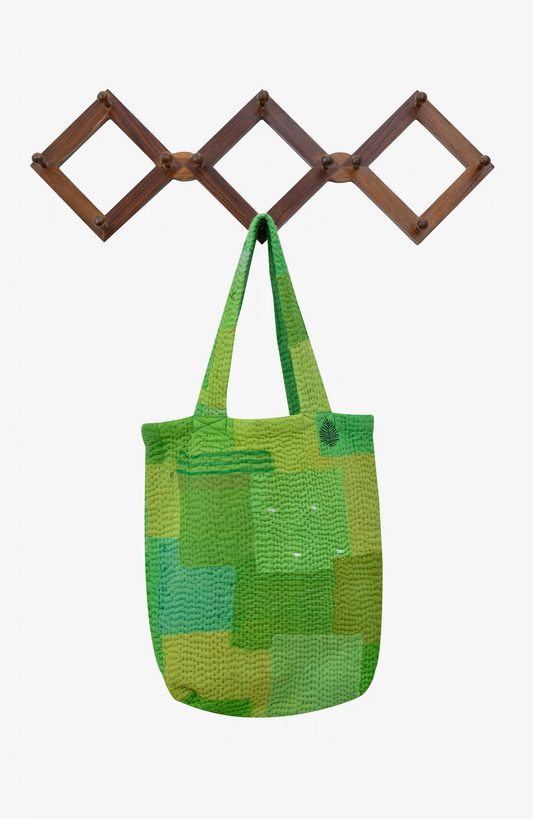 Mosaic Fray Handmade Vintage Kantha Tote Bag -Lime Green -