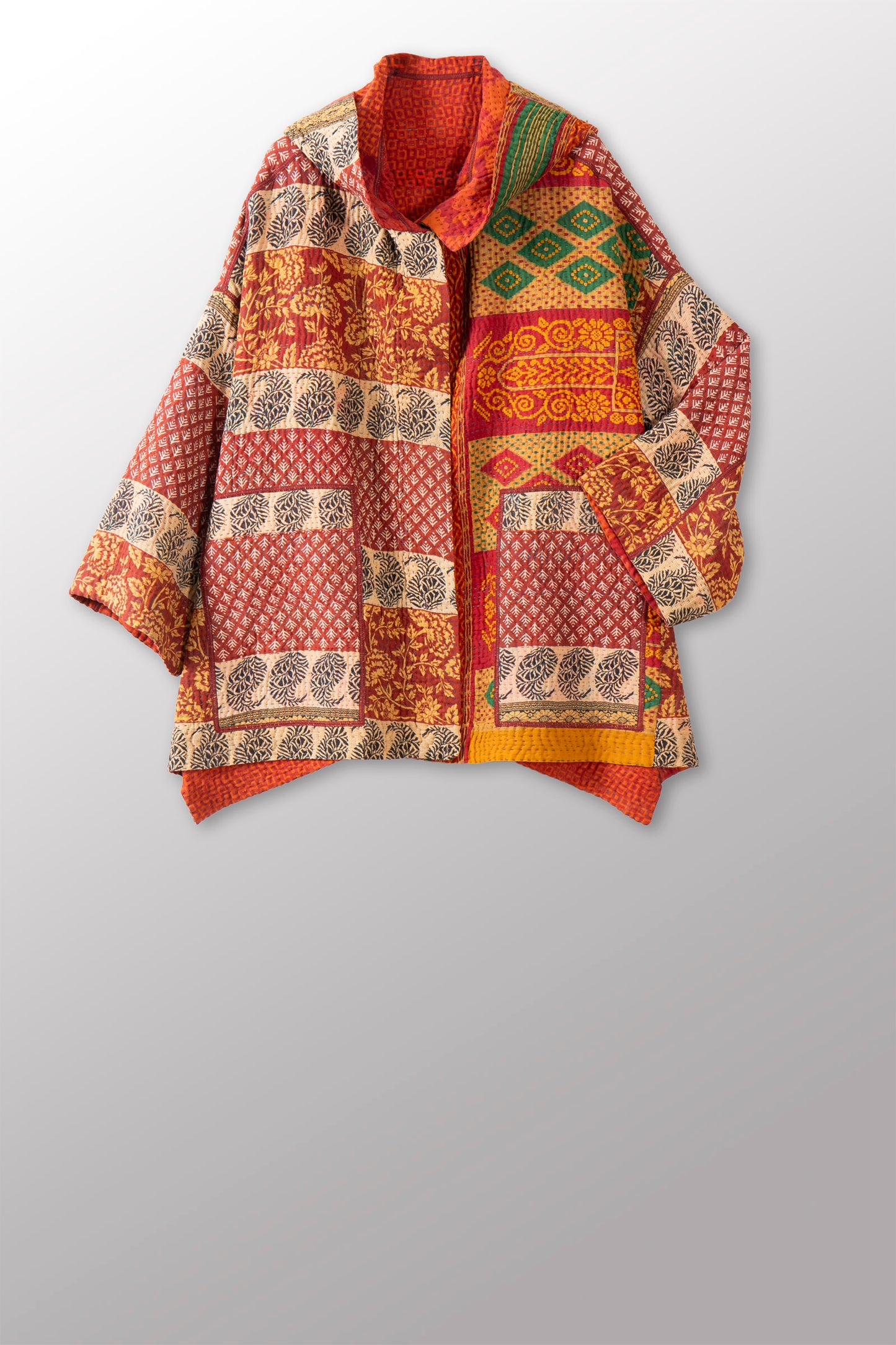 COTTON OVERDYE KANTHA HOODIE PONCHO - ov4064-corg008a -