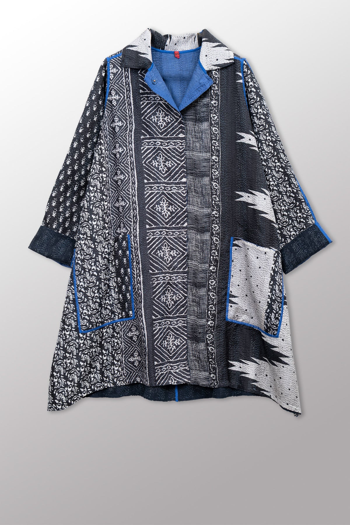 SILK COTTON OMBRE PRINT KANTHA A-LINE DUSTER - os2311-blk -