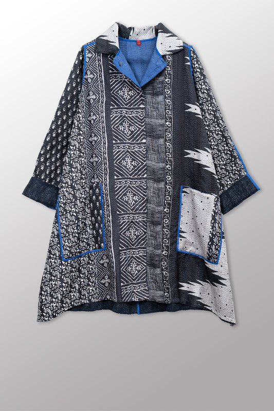 SILK COTTON OMBRE PRINT KANTHA A-LINE DUSTER - os2311-blk -