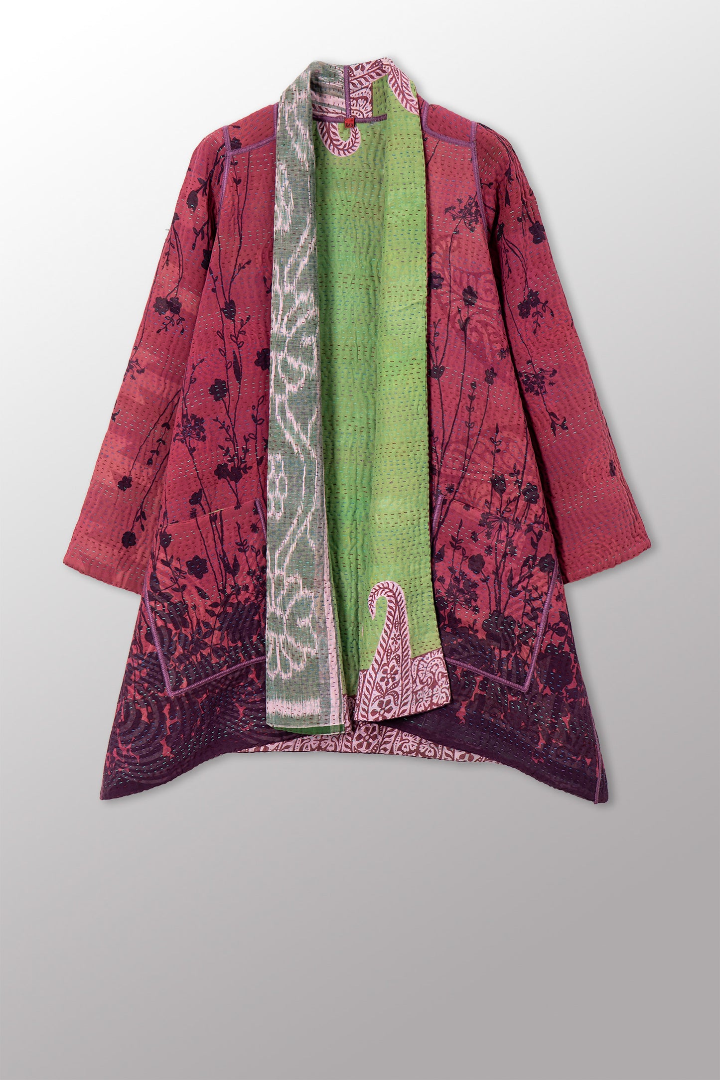VINTAGE SILK GEORGETTE COTTON KANTHA A-LINE JACKET - gc4003-0003a -