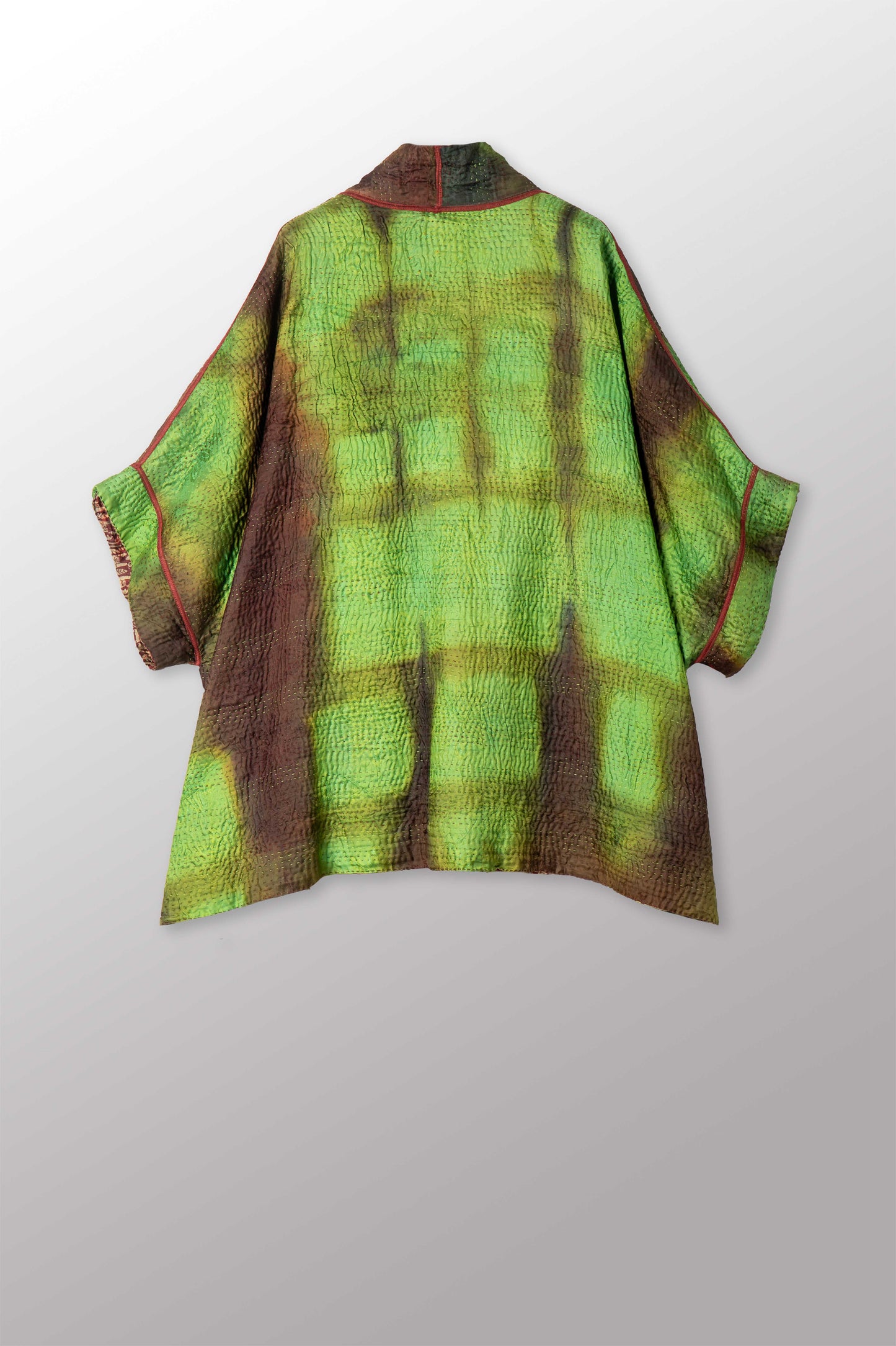 VINTAGE JACQUARD CLAMP DYE WITH PRINTED SILK KANTHA DOUBLE COLLAR PONCHO - jk4323-0001a -