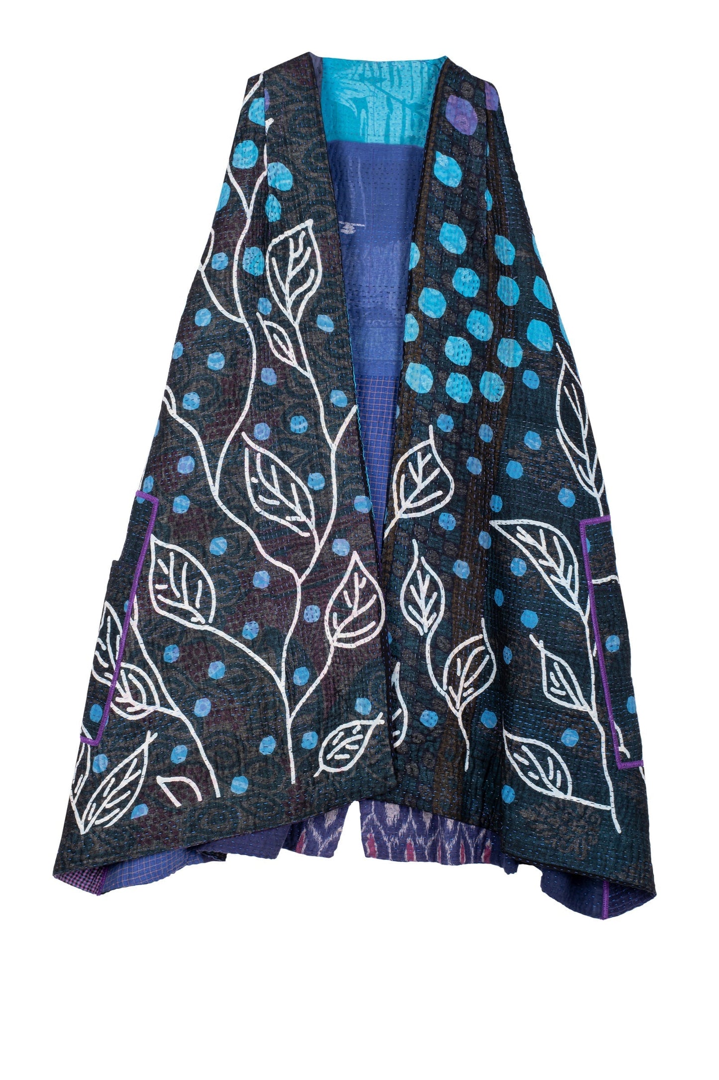 POLKA DOTS & LEAVES KANTHA BACK PLEATED VEST - dl4221-blu -