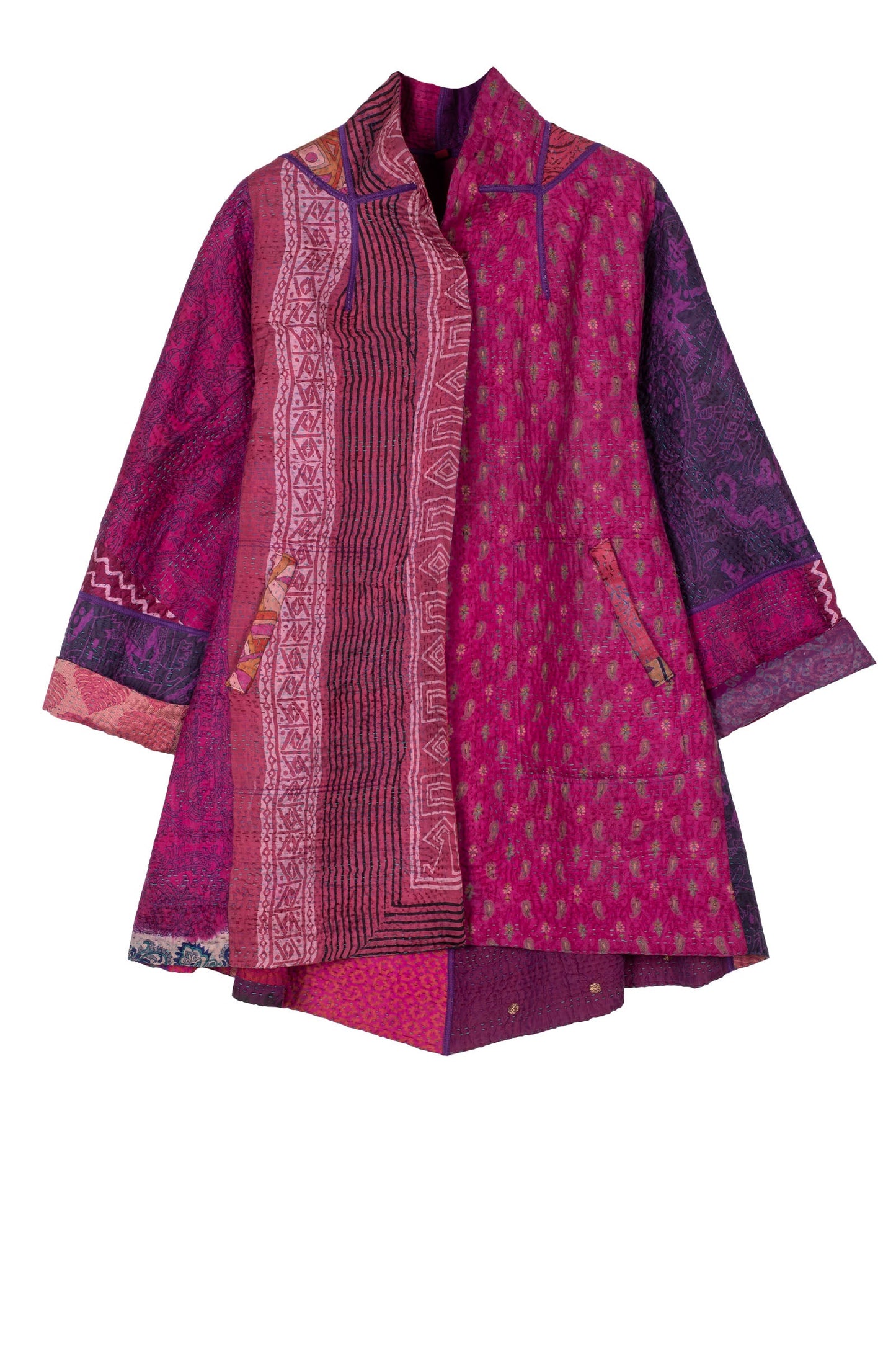 JACQUARD SILK KANTHA FLARE LONG JACKET - js4021-pik -