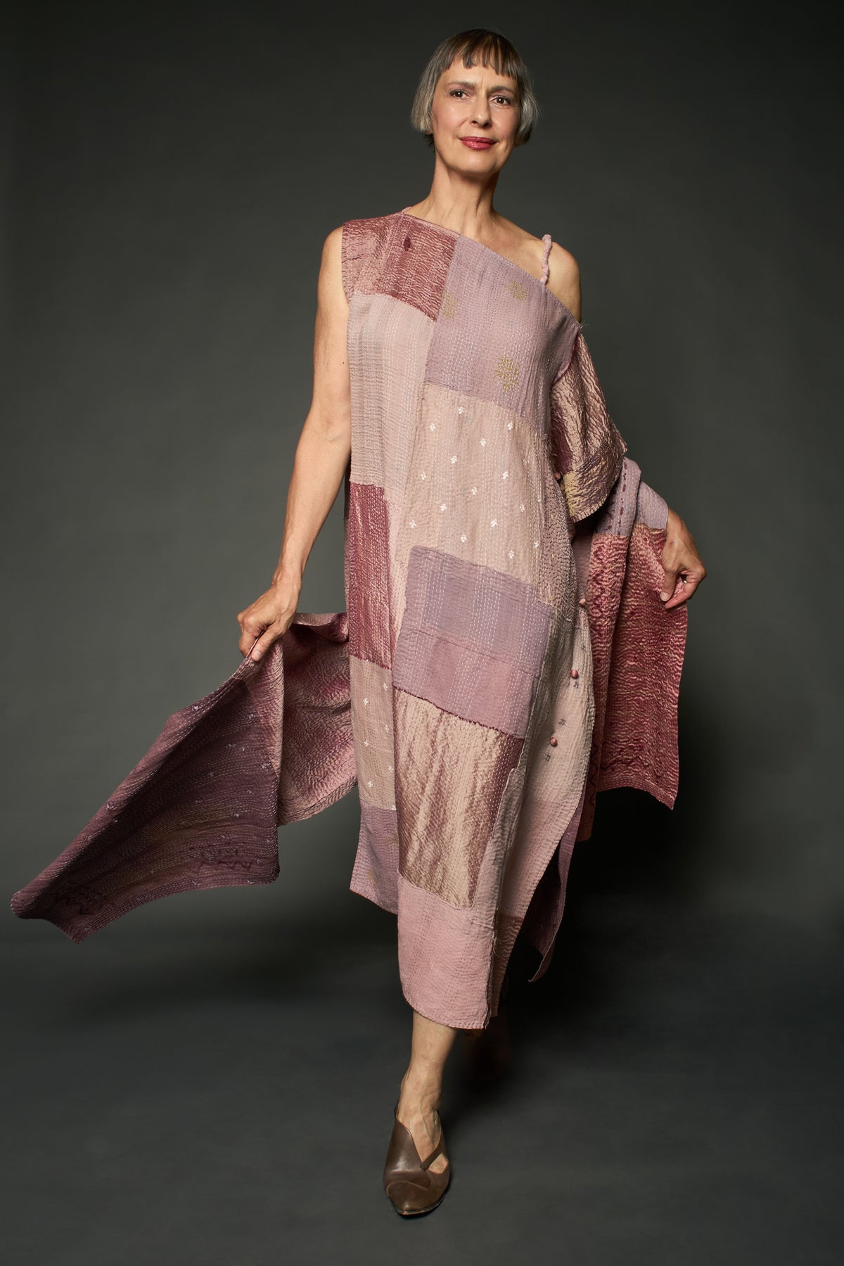 HALF SILK PATCH KANTHA ASYMMETRIC TUBE DRESS - hs2472-mov -