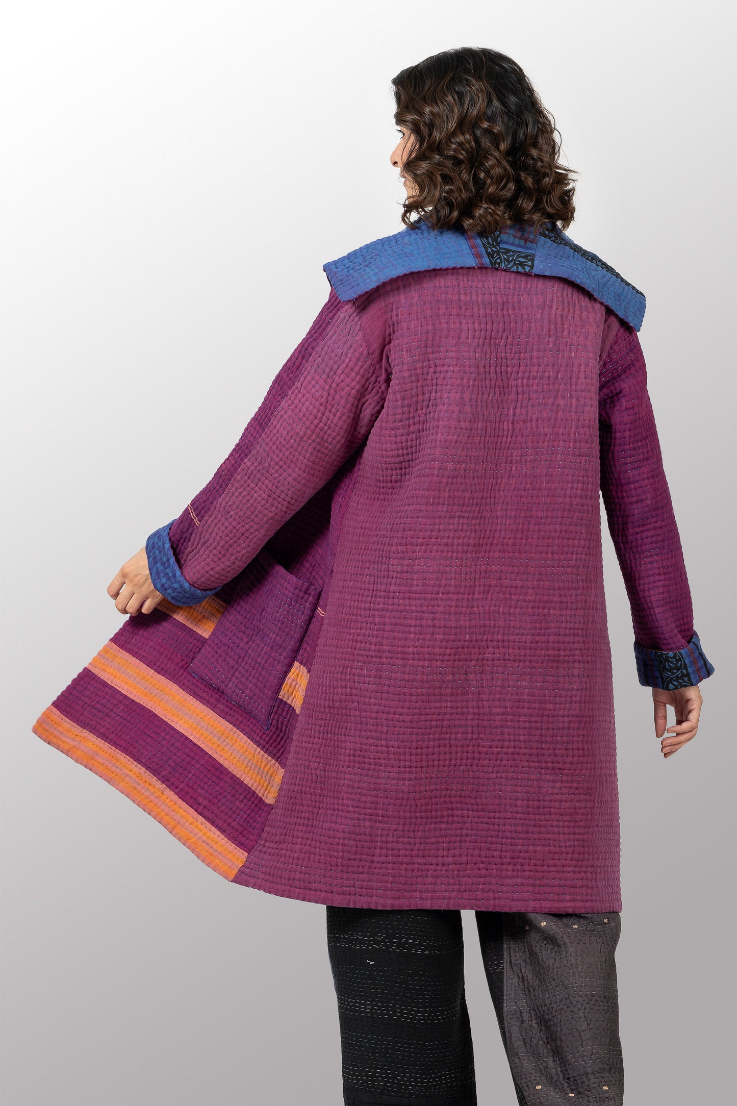 QUILTED OVERDYE COTTON KANTHA POCKET MEDIUM COAT - oq5316-cblu004a -