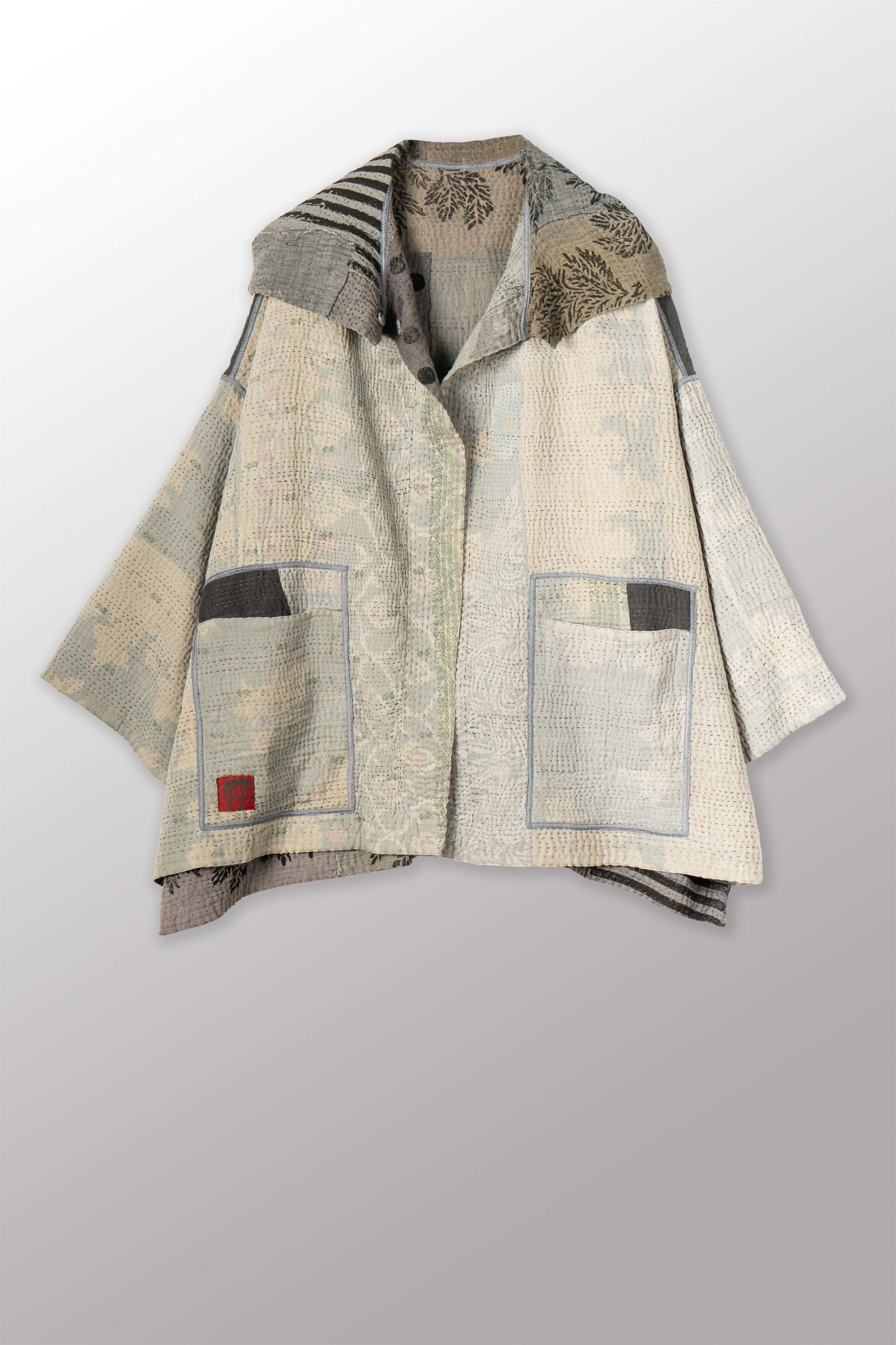 FRAYED PATCH KANTHA WITH STAMP HOODIE PONCHO - sp-fi4064-gry -