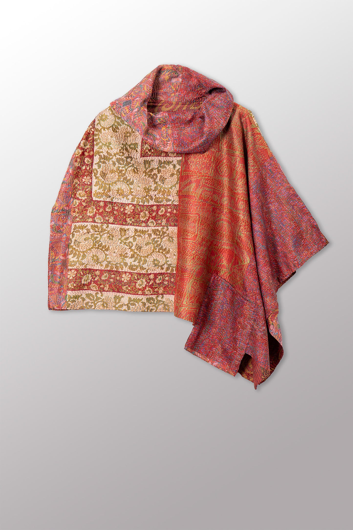 VINTAGE SILK KANTHA COWL NECK LONG CAPE - sv2842-0019a -