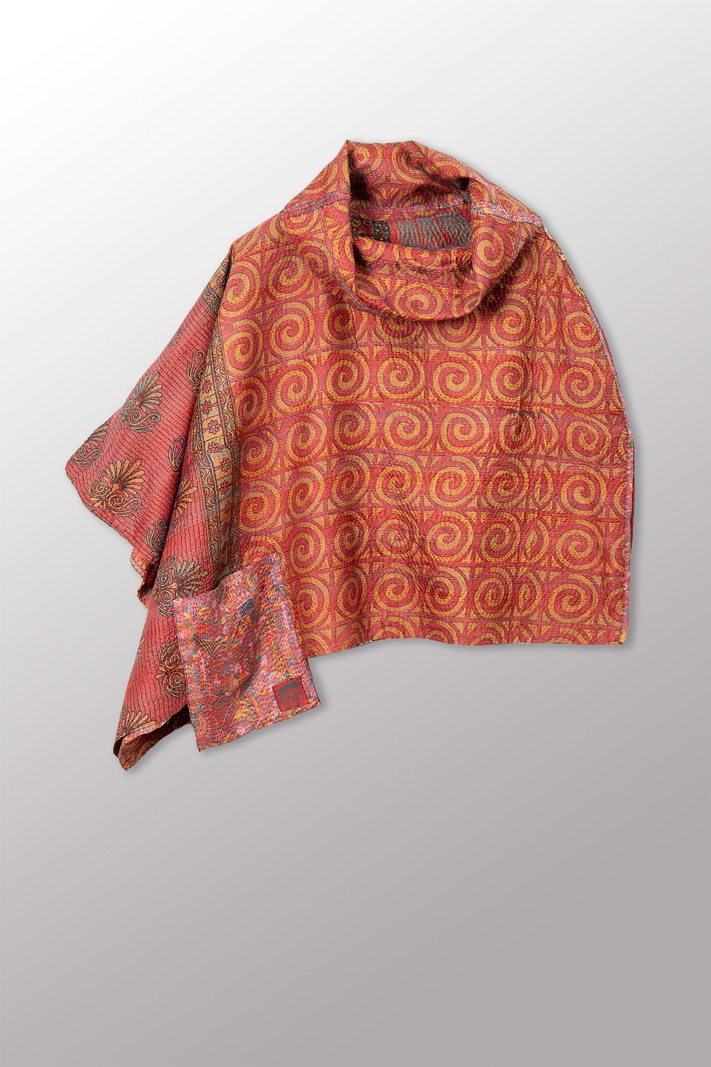 VINTAGE SILK KANTHA COWL NECK LONG CAPE - sv2842-0019a -