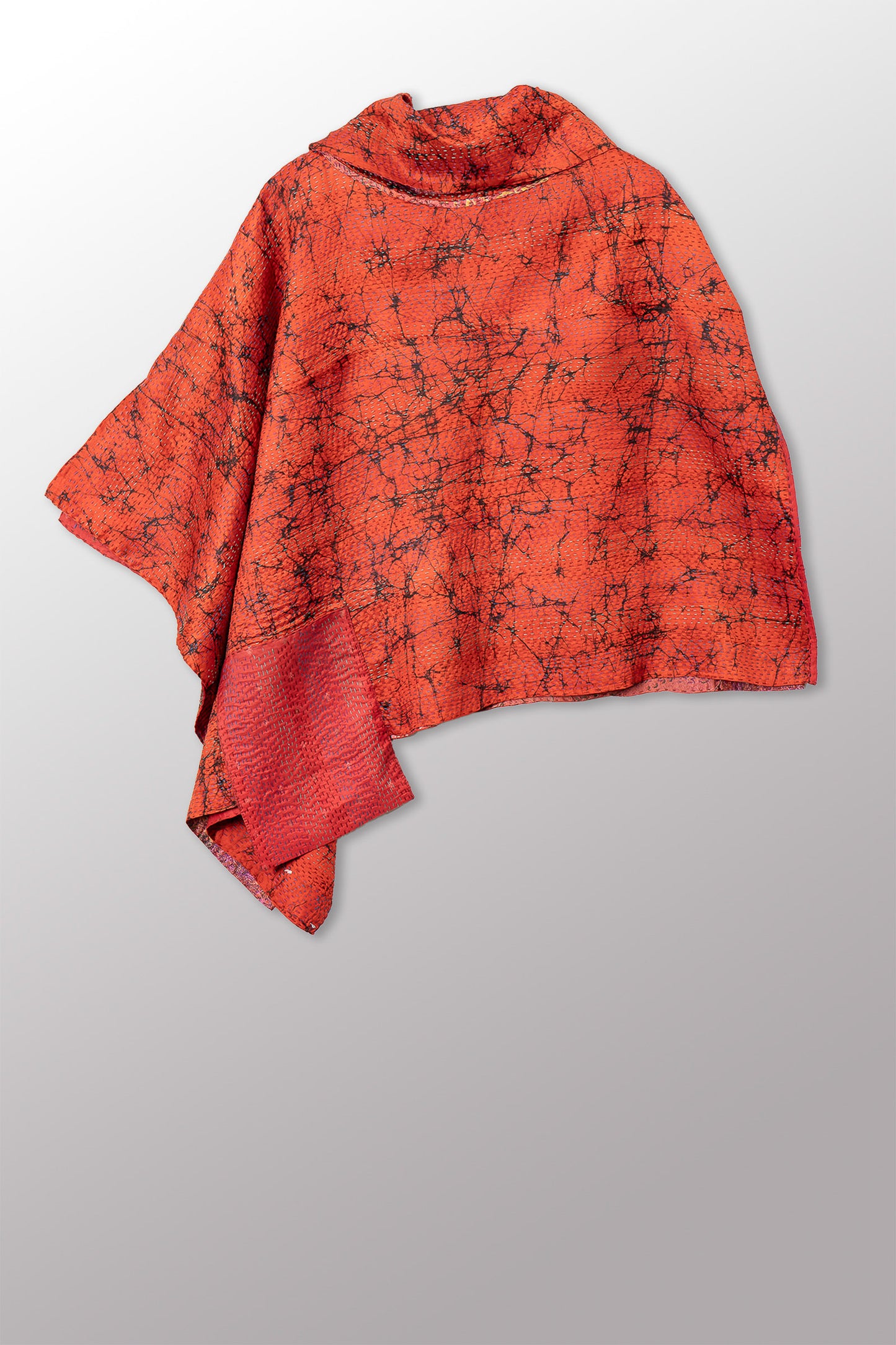 VINTAGE SILK KANTHA COWL NECK LONG CAPE - sv2842-0022a -