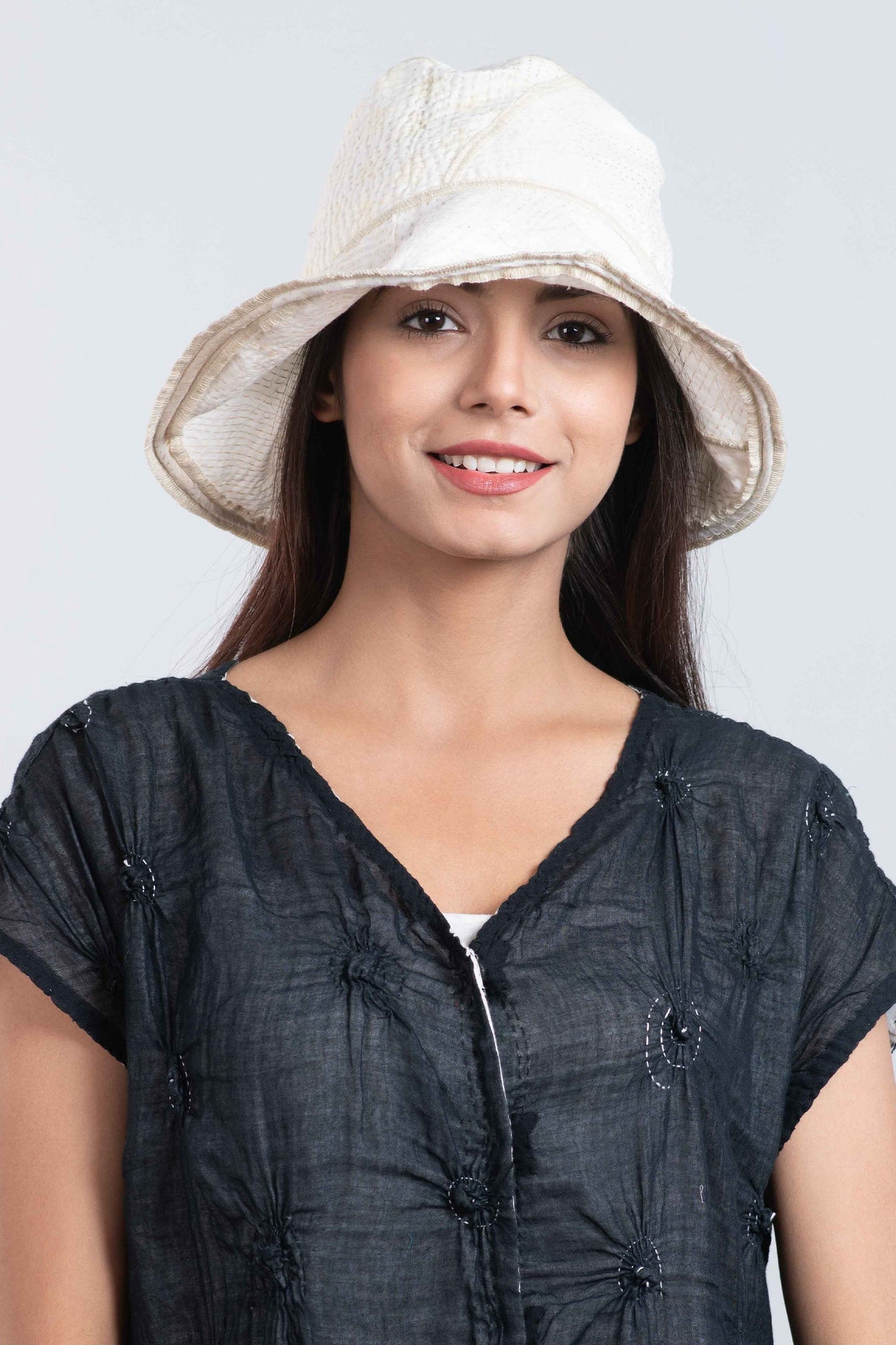 FRAYED PATCH KANTHA CIRCULAR CUT BRIM HAT - fi2882-ivy -