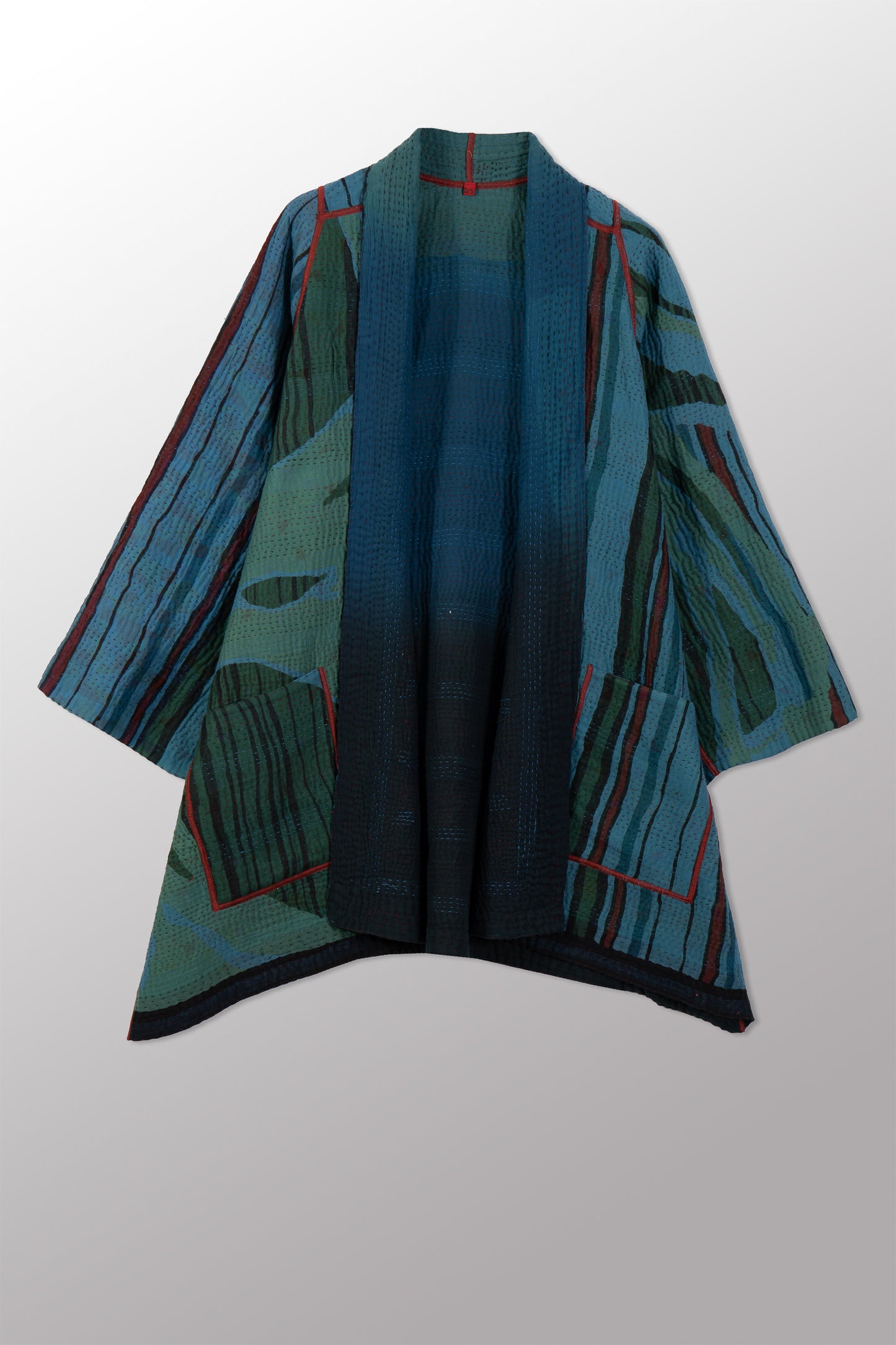 OVERDYED STRIPE AND BENDS KANTHA A-LINE JACKET - sb4003-blu -