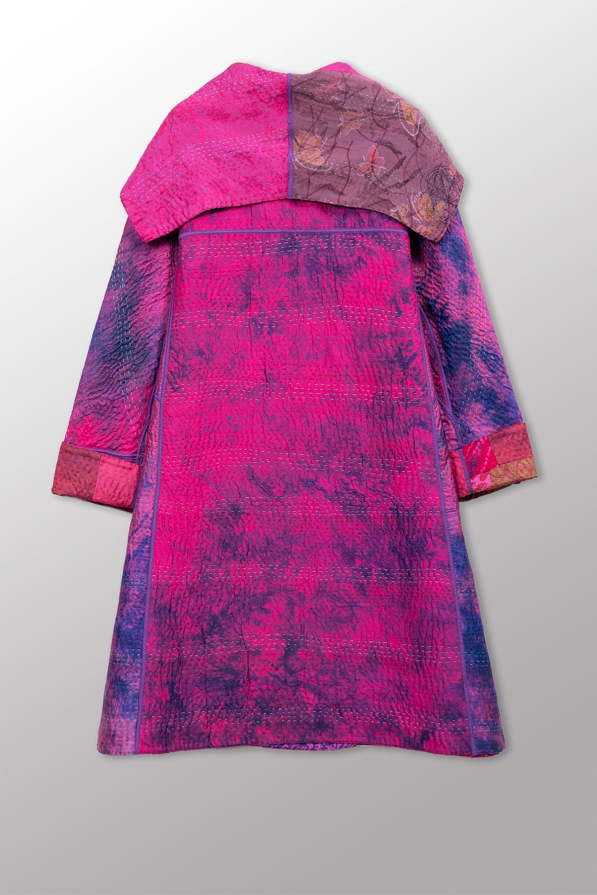 GEORGETTE JACQUARD VINTAGE SILK PATCH KANTHA A-LINE COAT - gj4309-pik -